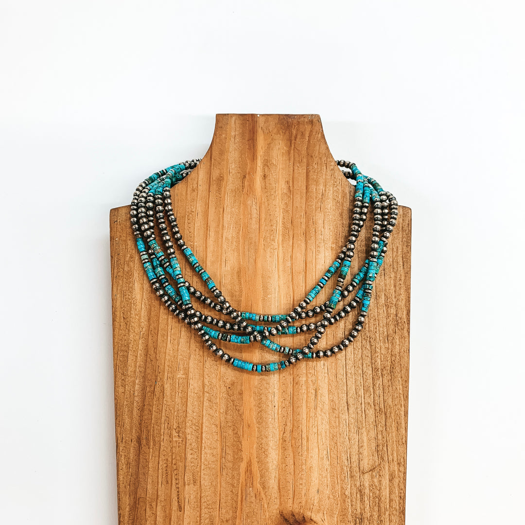 Navajo | Navajo Handmade Sterling Silver 5mm Five Strand Navajo Pearl Necklace with Turquoise Beads - Giddy Up Glamour Boutique