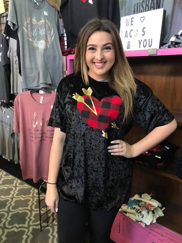 When Cupid Strikes Black Velvet Short Sleeve Top - Giddy Up Glamour Boutique