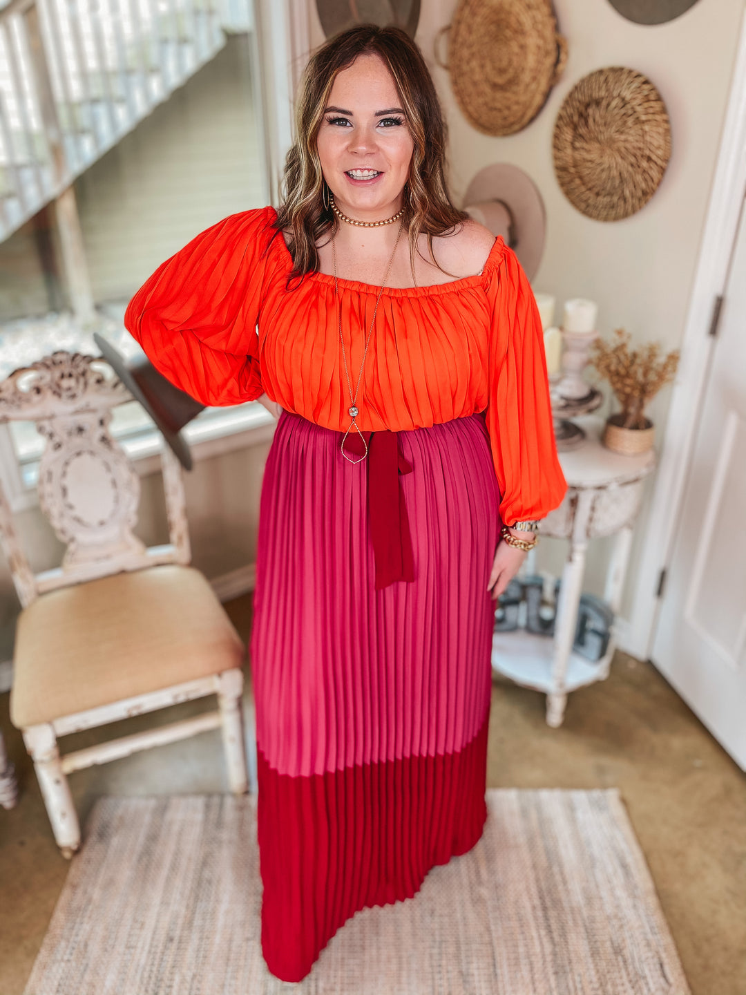 Last Chance Size Small & Medium | Walk On The Bright Side Pleated Off the Shoulder Color Block Maxi Dress in Pink - Giddy Up Glamour Boutique