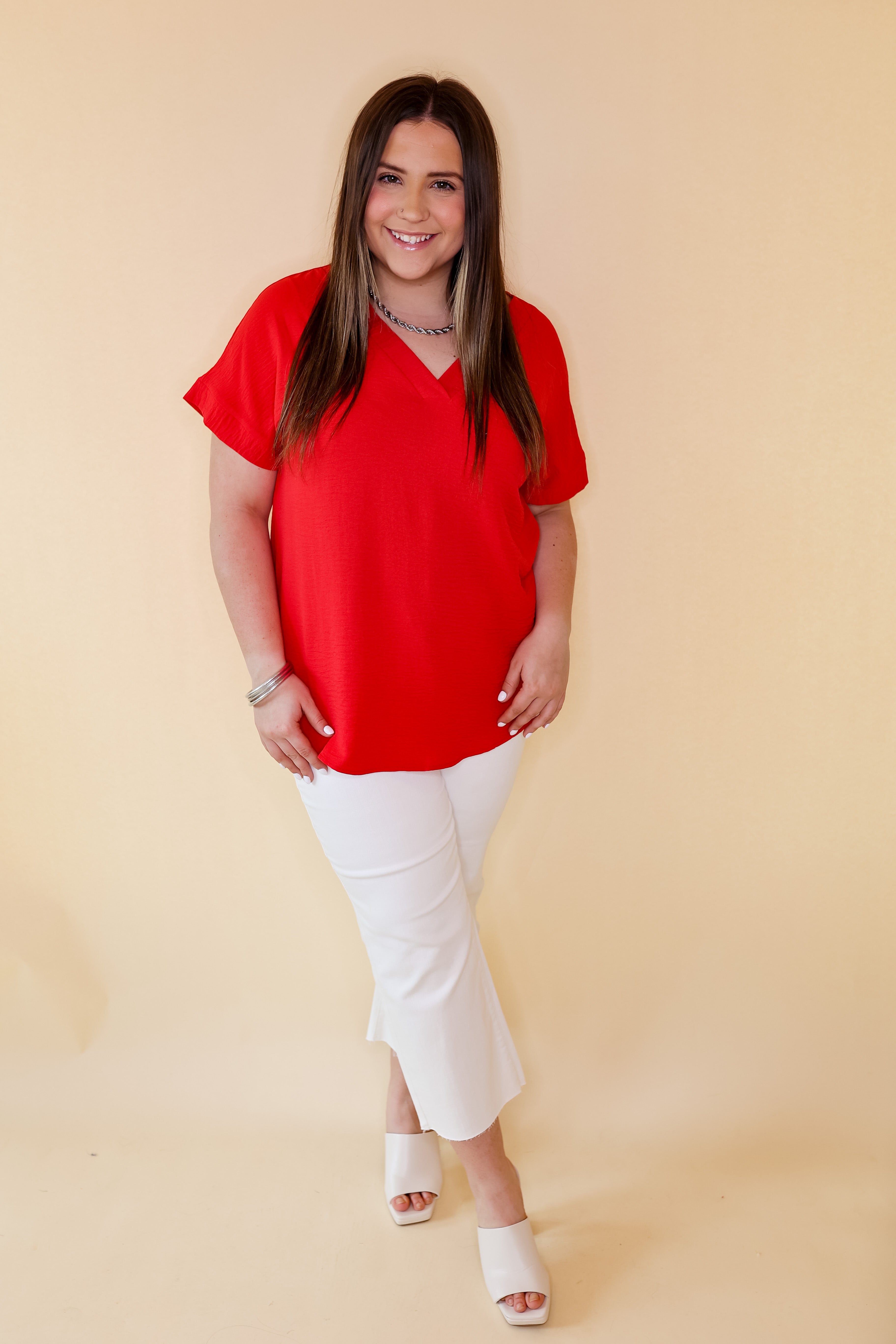 Cause To Celebrate V Neck Short Sleeve Top in Red - Giddy Up Glamour Boutique