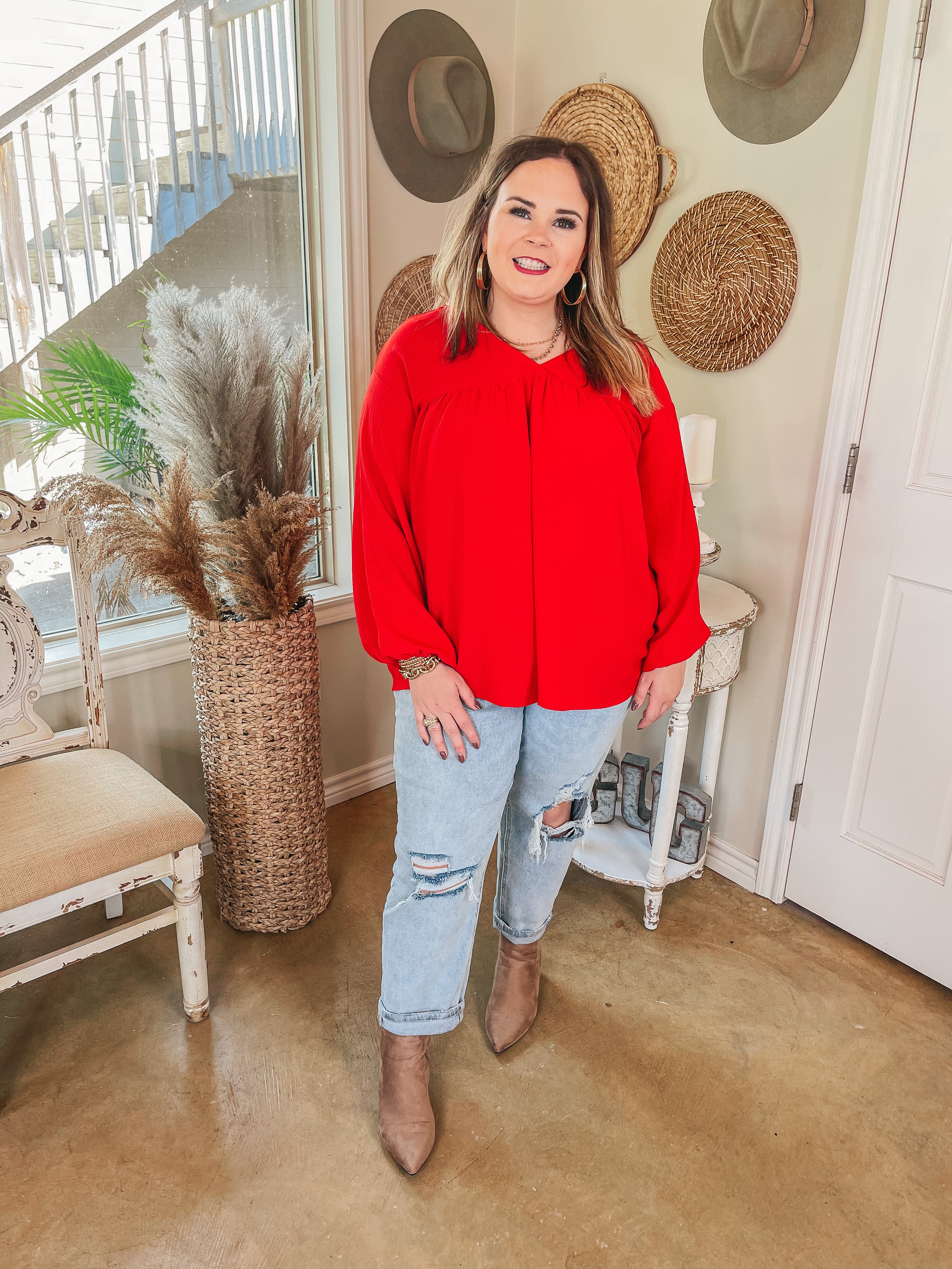 Office Feels Long Sleeve V Neck Babydoll Top in Red - Giddy Up Glamour Boutique