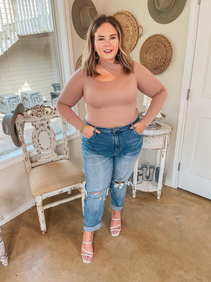 Day Glow Mockneck Cut Out Long Sleeve Crop Top in Nude - Giddy Up Glamour Boutique