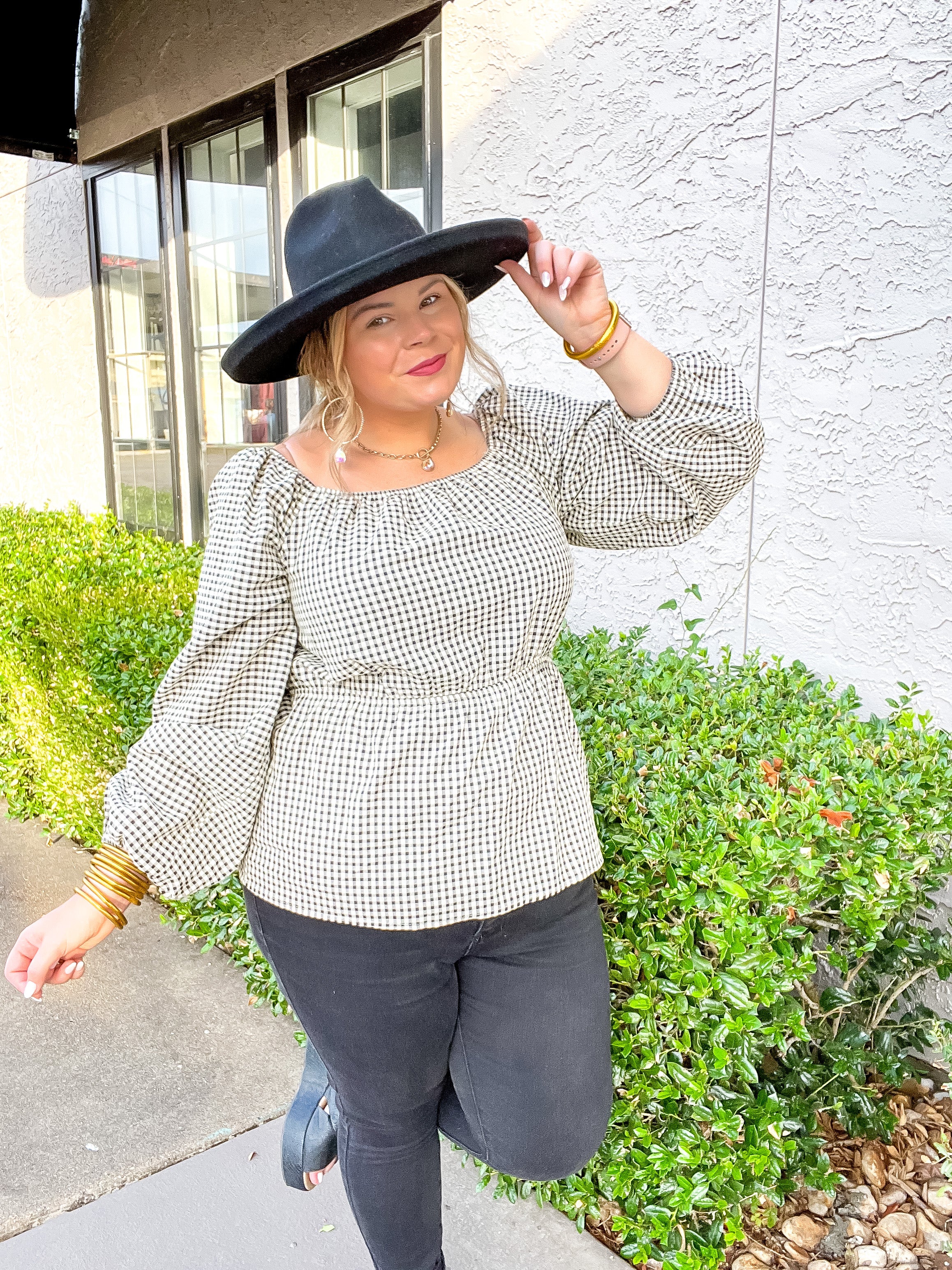 Autumn Sweetness Gingham Peplum Top with Long Sleeves in Black and Ivory - Giddy Up Glamour Boutique