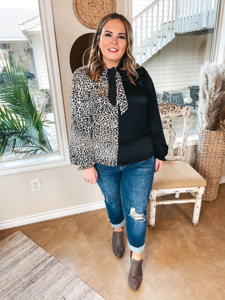 Caught In A Moment Half Leopard Print Half Solid Keyhole Neckline Blouse in Black - Giddy Up Glamour Boutique