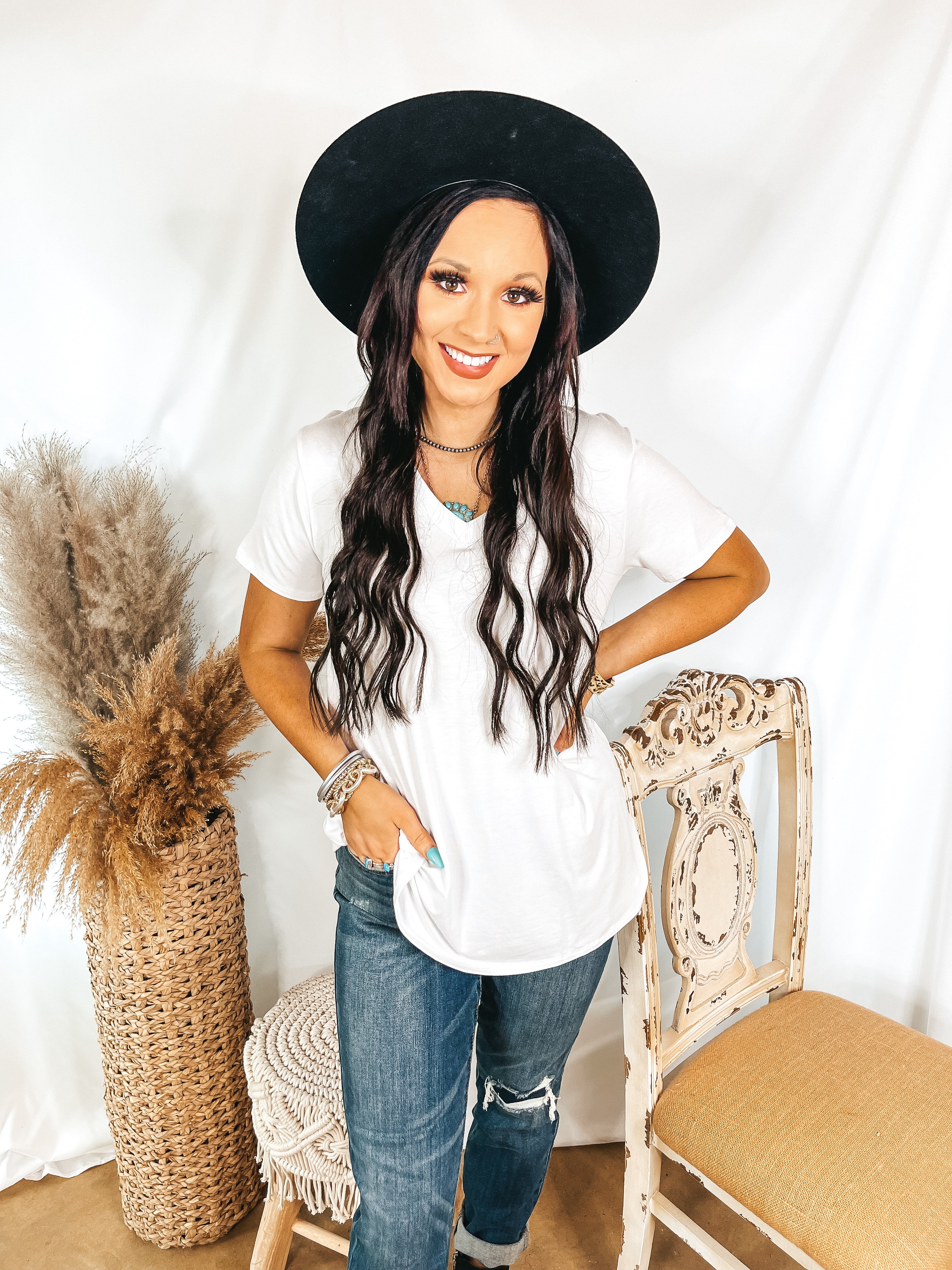 It's That Simple Solid V Neck Tee in White - Giddy Up Glamour Boutique