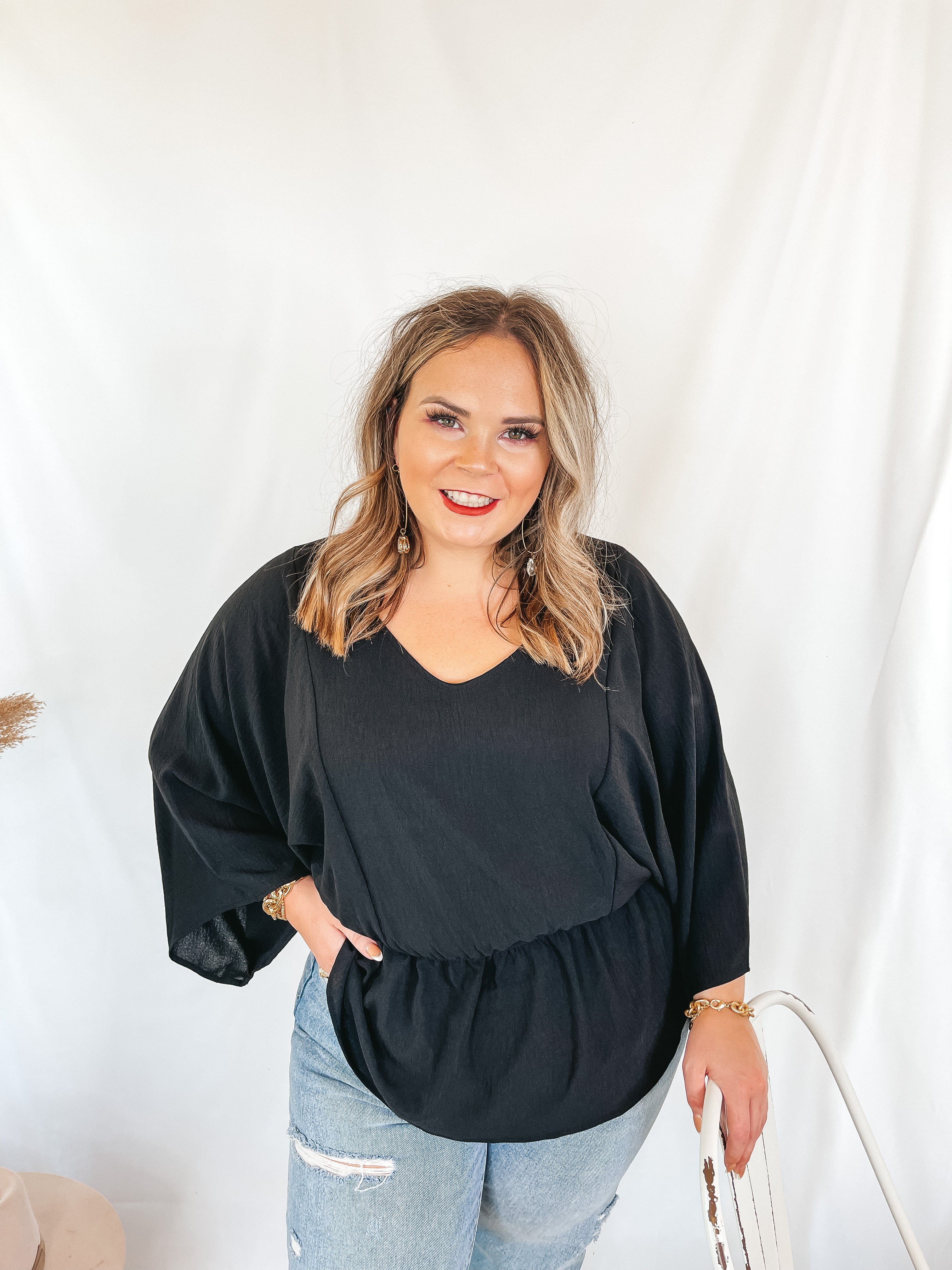 Switch It Up 3/4 Drop Sleeve Peplum Blouse in Black - Giddy Up Glamour Boutique
