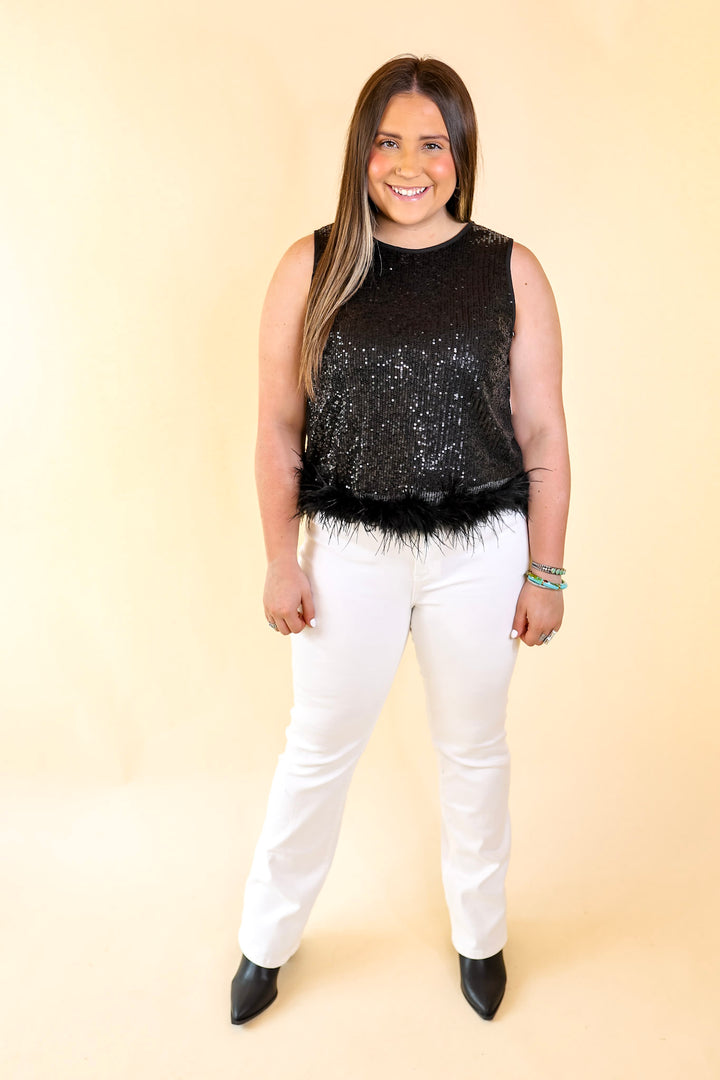 Causing Compliments Sequin Tank Top with Feather Trim in Black - Giddy Up Glamour Boutique