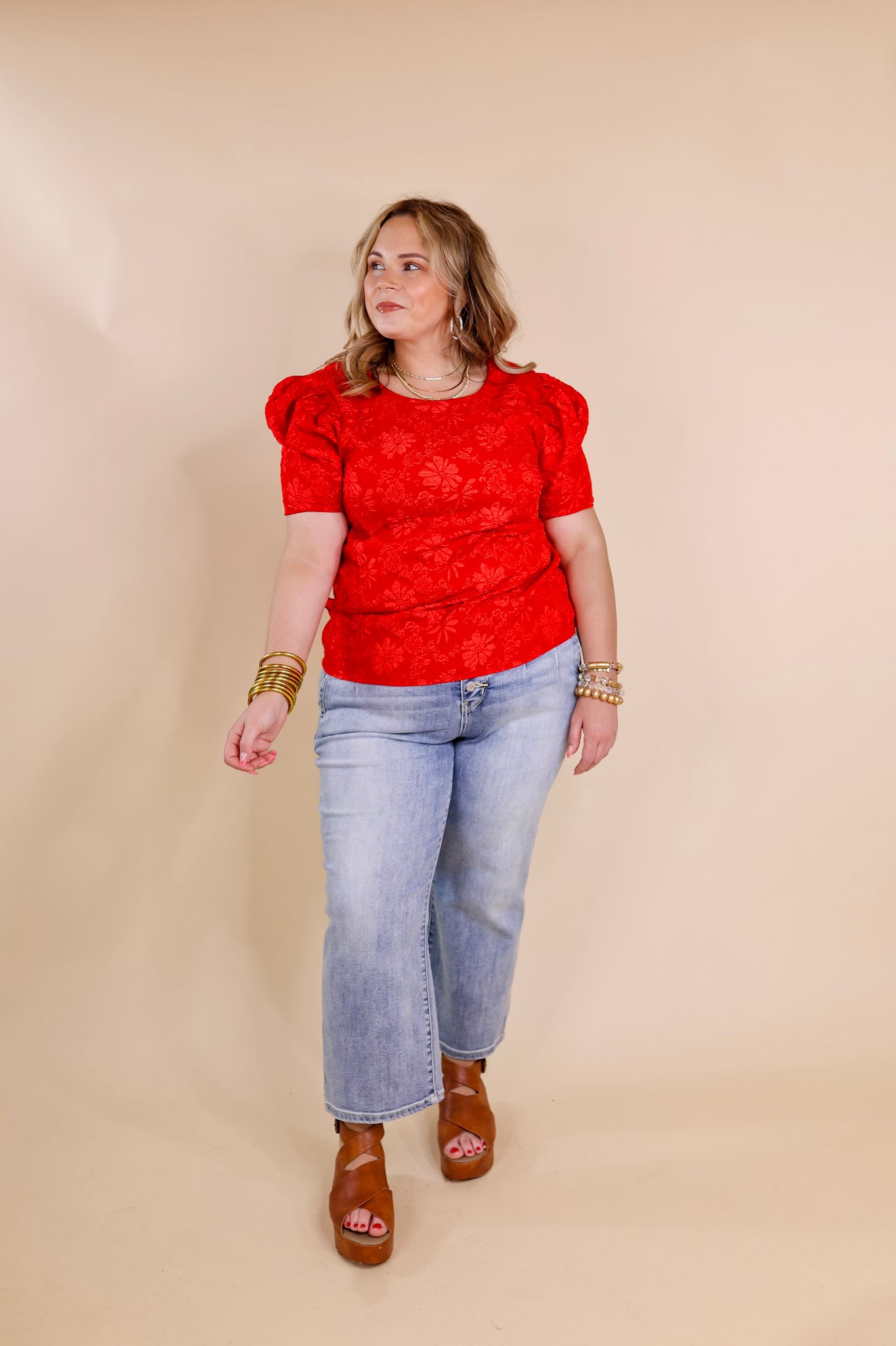 Fab Feeling Puff Shoulder Floral Embossed Top in Red - Giddy Up Glamour Boutique