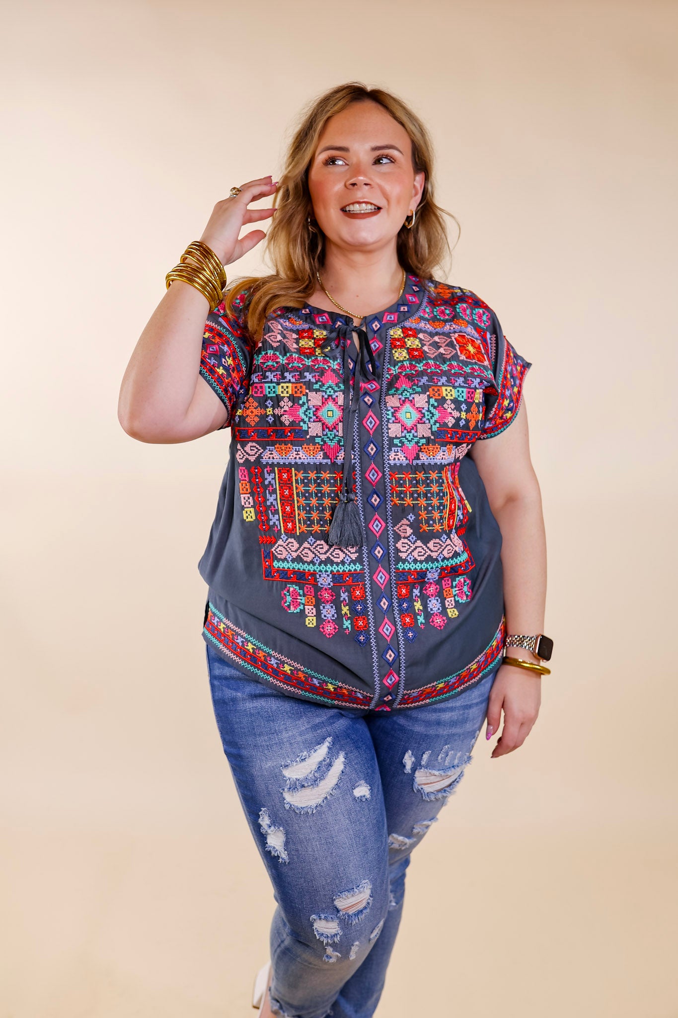 Thrill Me Colorful Embroidered Front Keyhole Top in Grey - Giddy Up Glamour Boutique