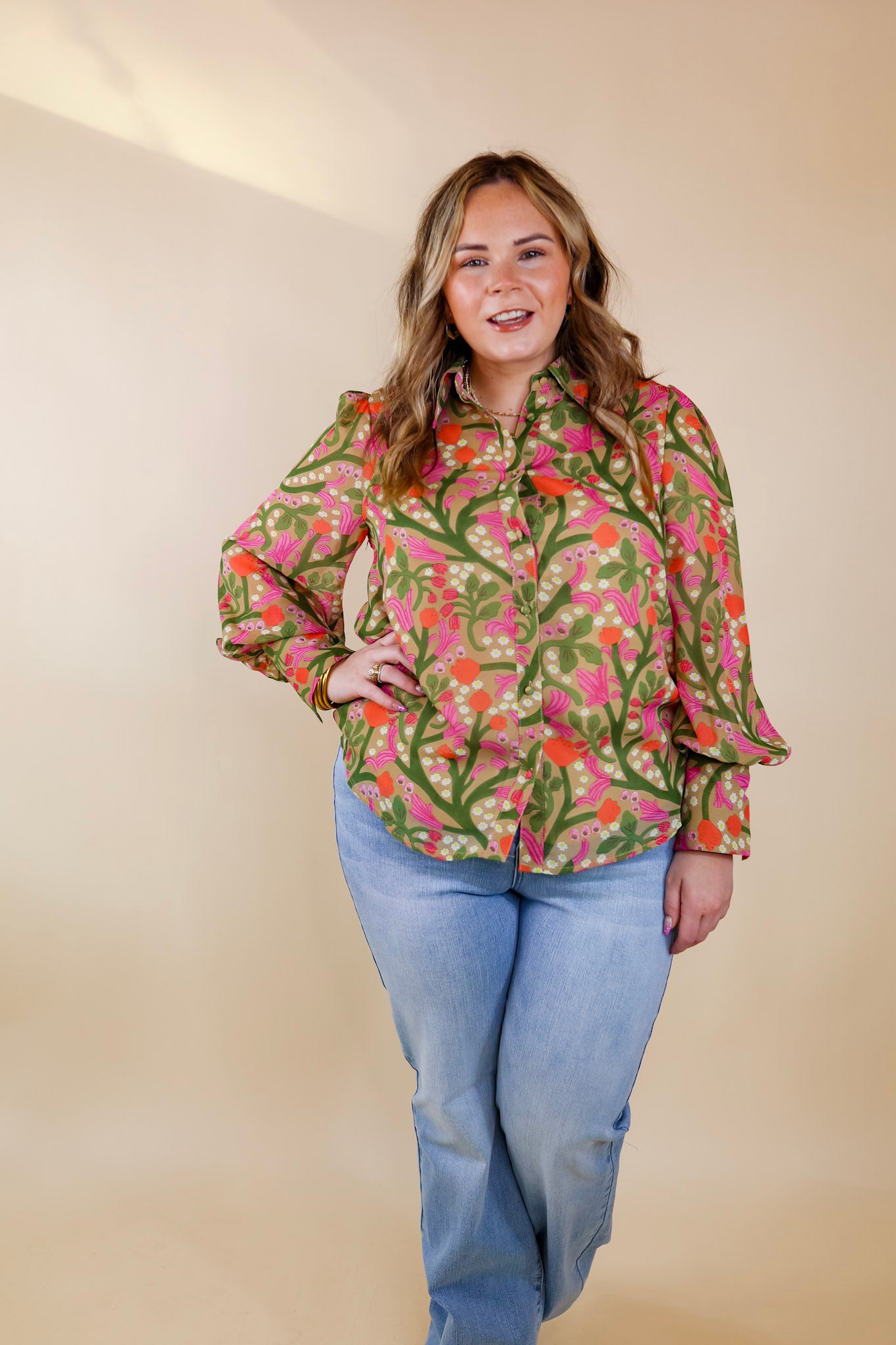 Upbeat Feels Floral Button Up Top with Long Sleeves in Green Mix - Giddy Up Glamour Boutique