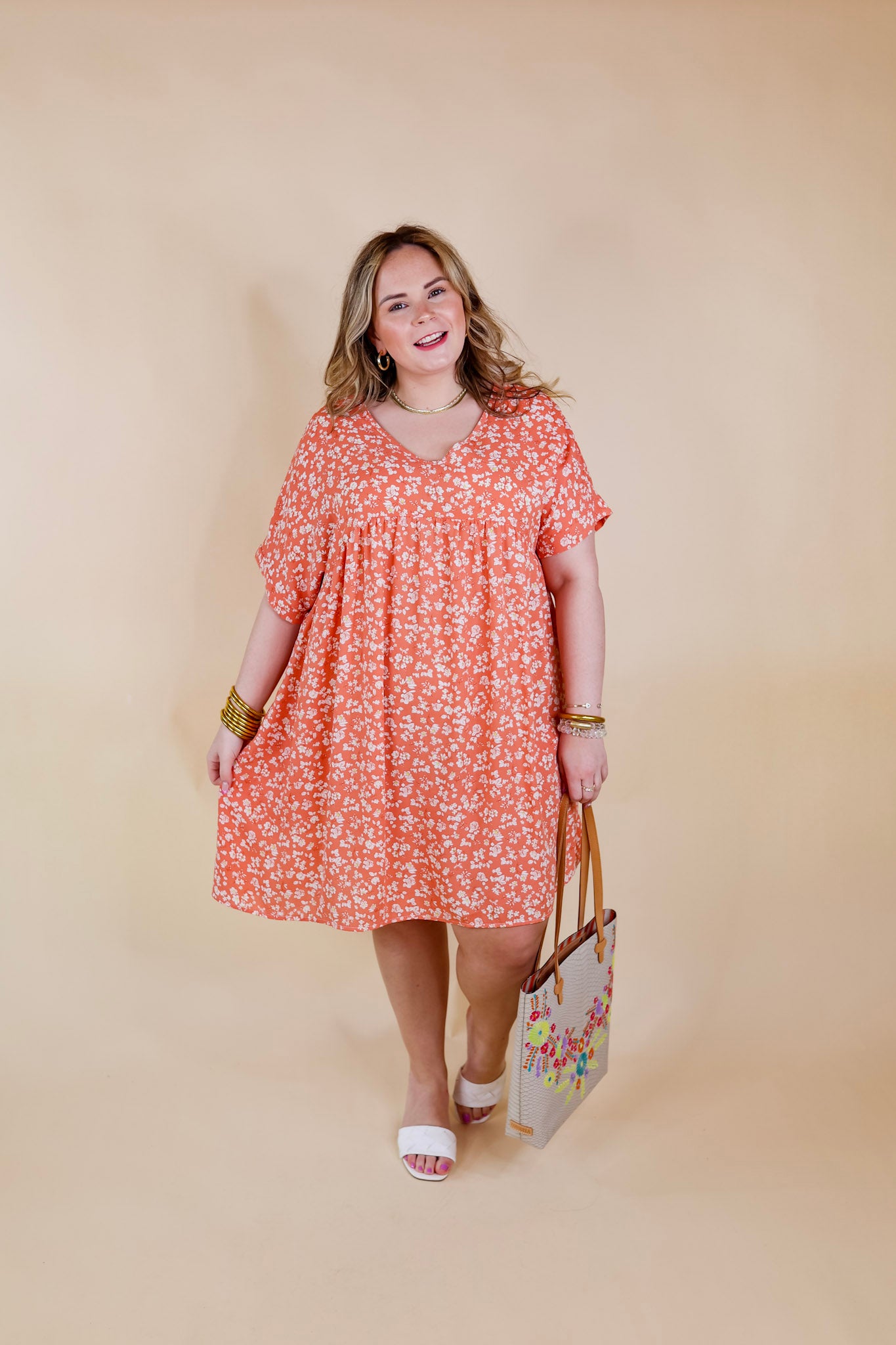Beauty In Blooms Floral Print Babydoll Dress in Coral Orange - Giddy Up Glamour Boutique