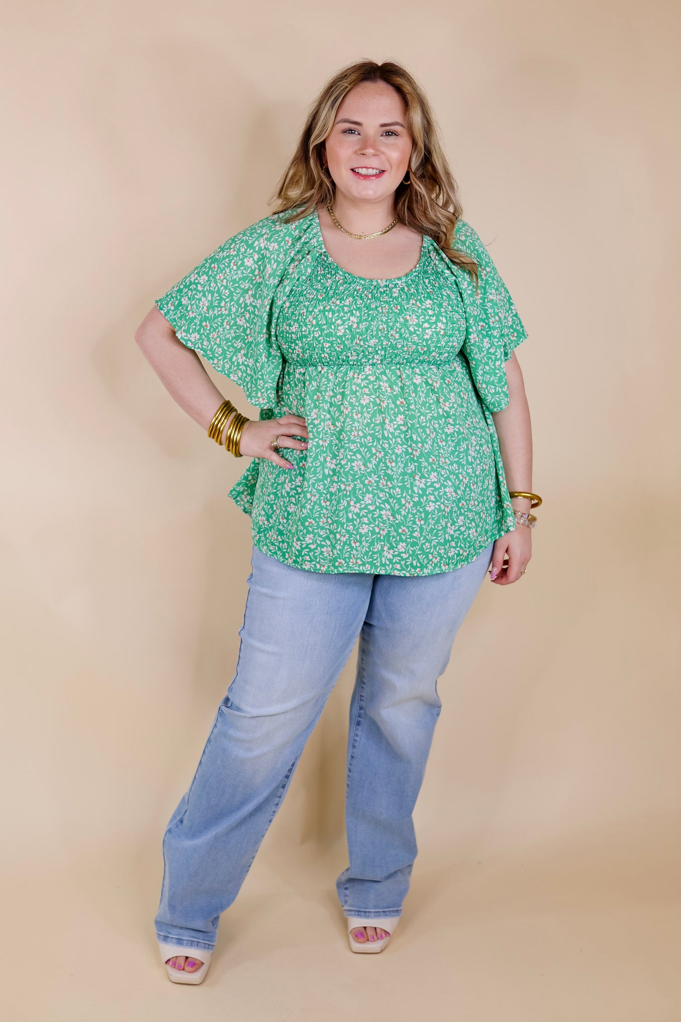 Little Coastal Town Floral Short Sleeve Top with Smocked Bodice in Green - Giddy Up Glamour Boutique