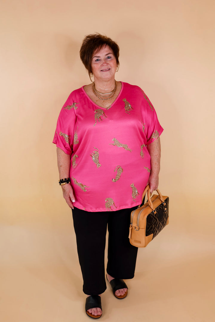 Wild Side Cheetah Print V Neck Top with Short Sleeves in Hot Pink - Giddy Up Glamour Boutique