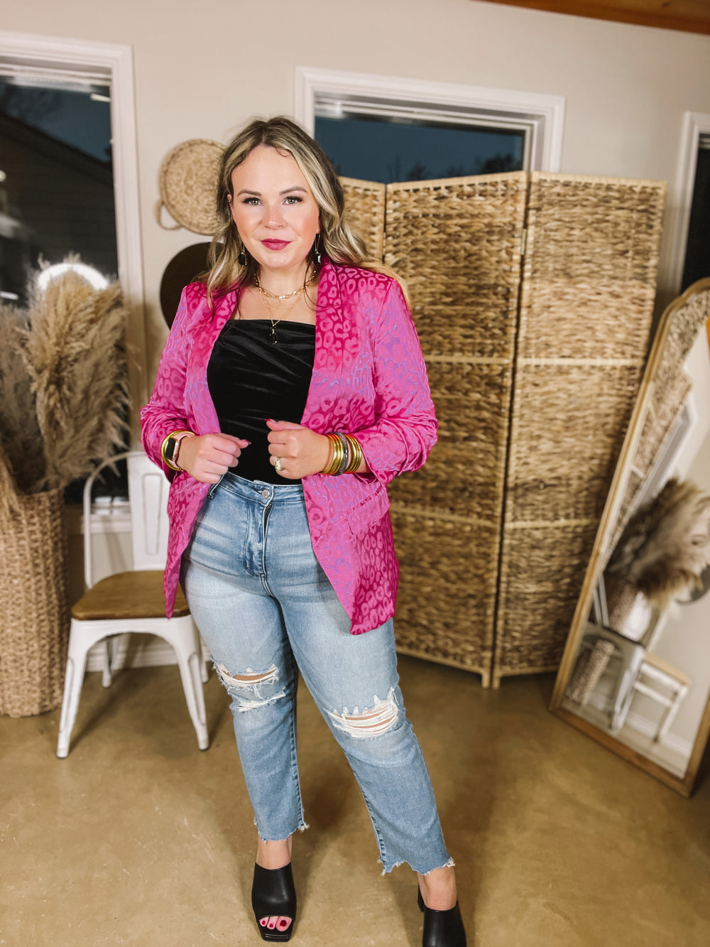 Lasting Impression Leopard Print Blazer with Ruched 3/4 Sleeves in Hot Pink - Giddy Up Glamour Boutique