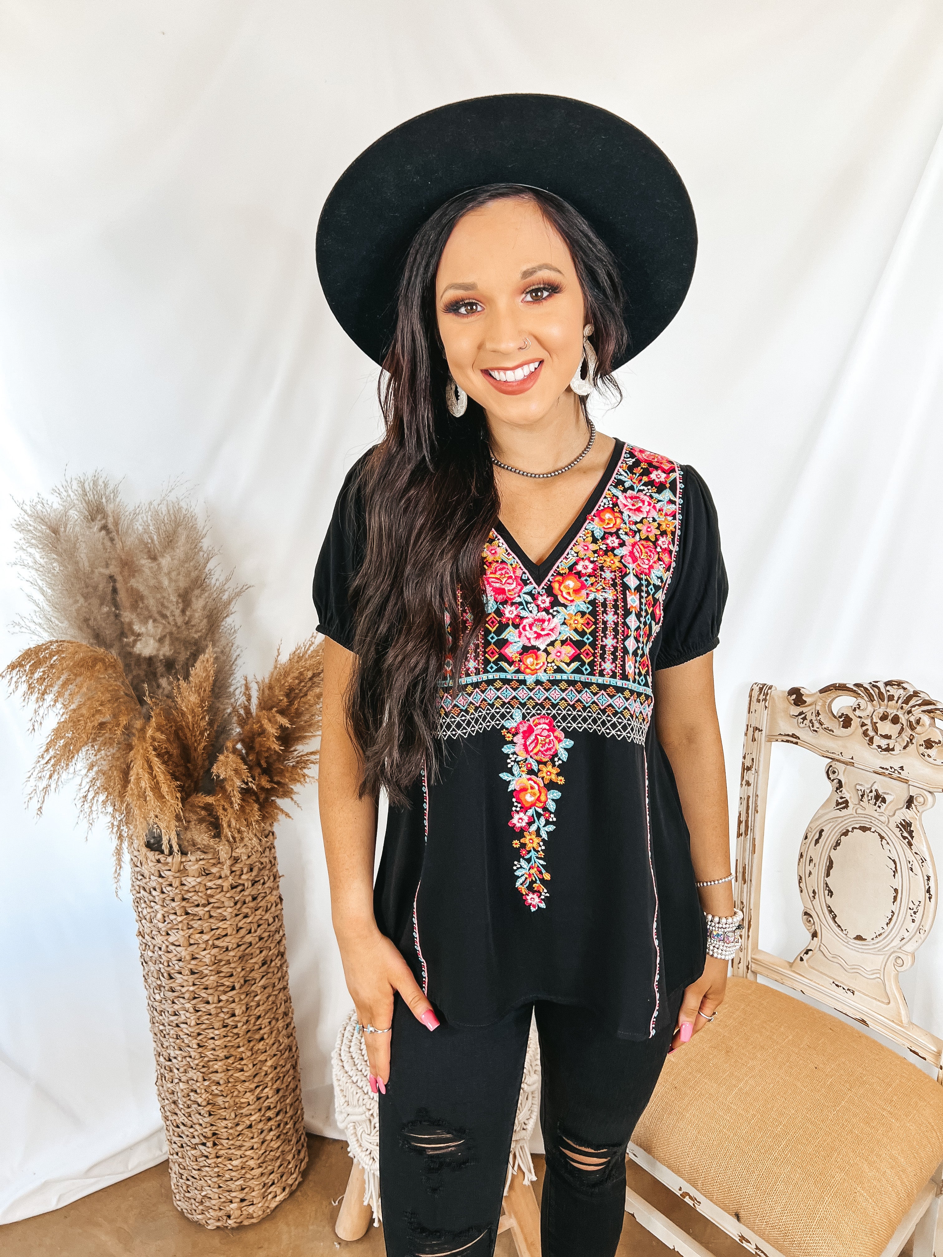 Think About Me Embroidered V Neck Top with Short Sleeves in Black - Giddy Up Glamour Boutique