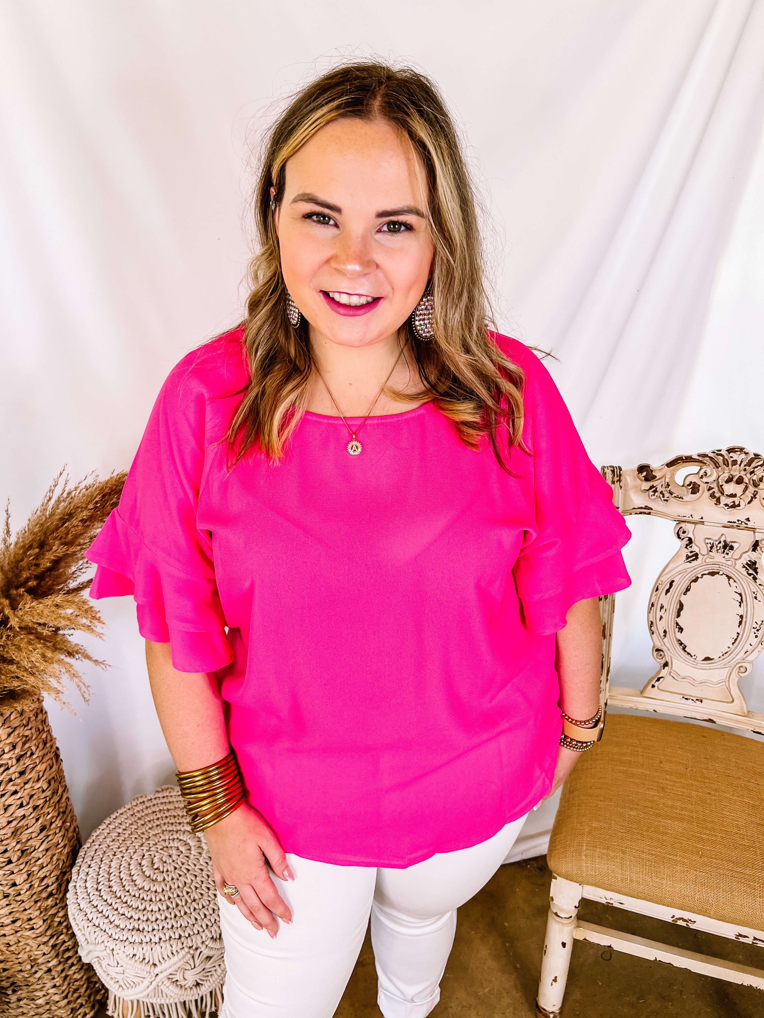 Basic Needs Ruffle Sleeve Top in Hot Pink - Giddy Up Glamour Boutique