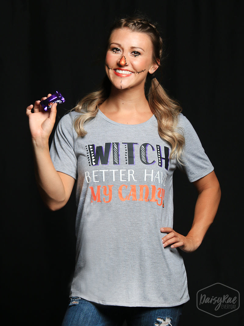Last Chance Size Small | Witch Better Have My Candy Short Sleeve Tee Shirt in Grey - Giddy Up Glamour Boutique