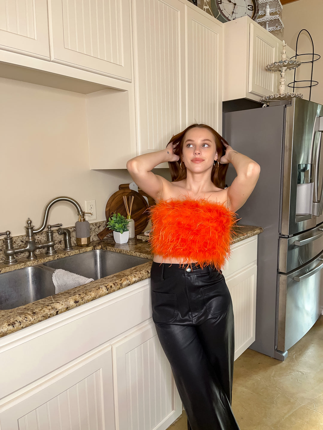 Luxe Moment Strapless Feather Crop Top in Orange - Giddy Up Glamour Boutique