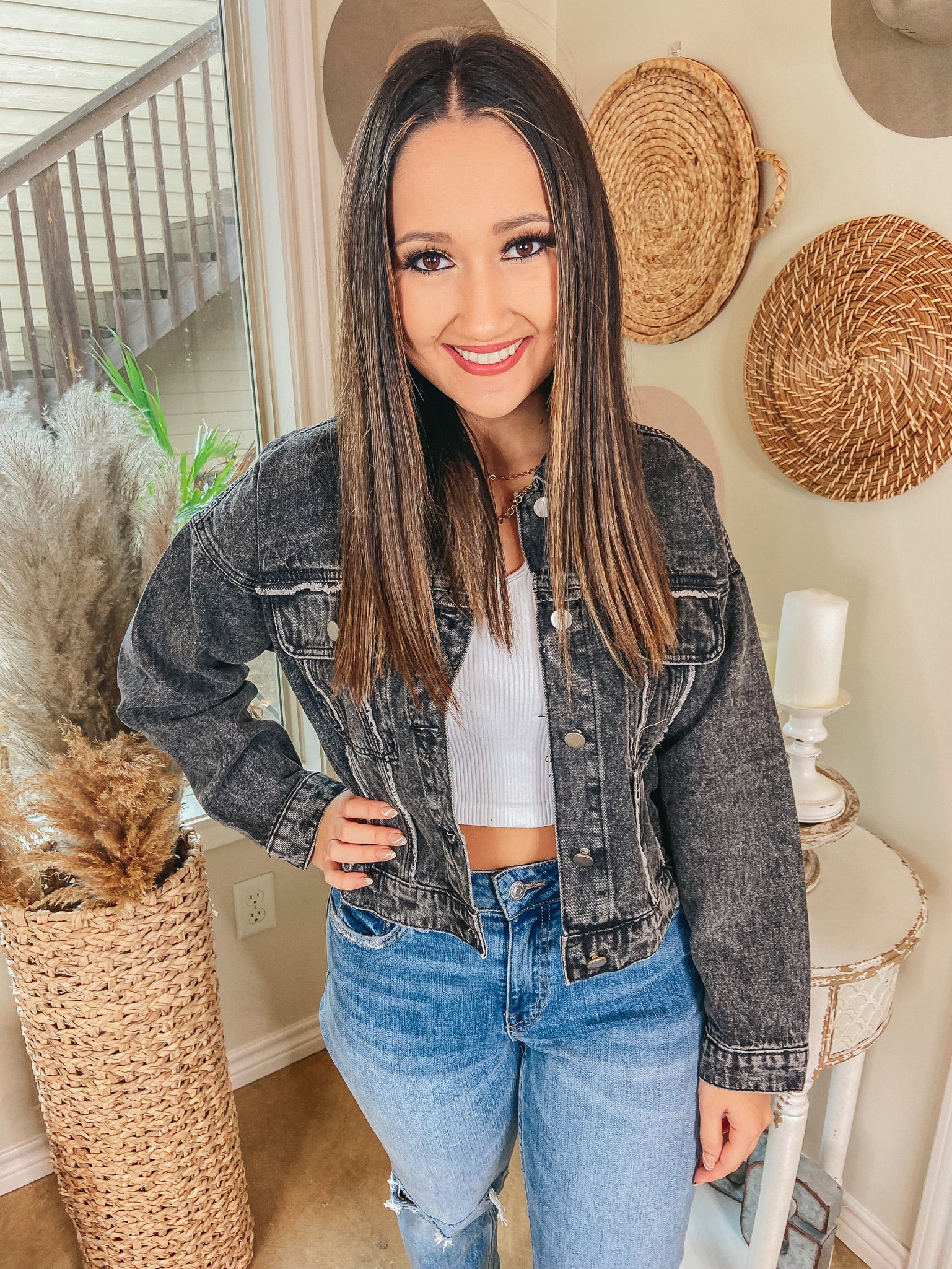 Fearless Looks Distressed Crop Denim Jacket in Faded Black - Giddy Up Glamour Boutique