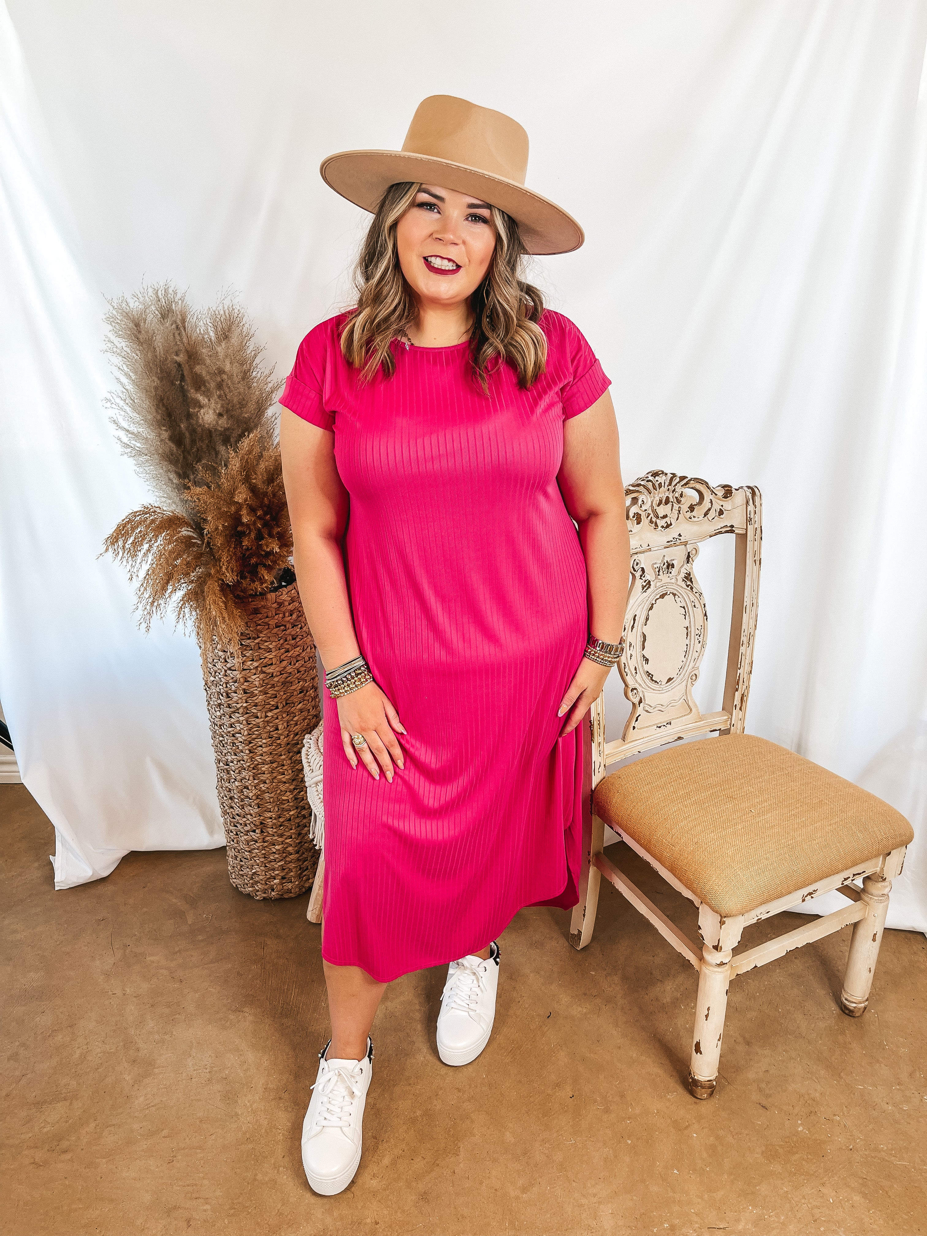 Chill Looks Short Sleeve Ribbed Midi Dress in Fuchsia Pink - Giddy Up Glamour Boutique