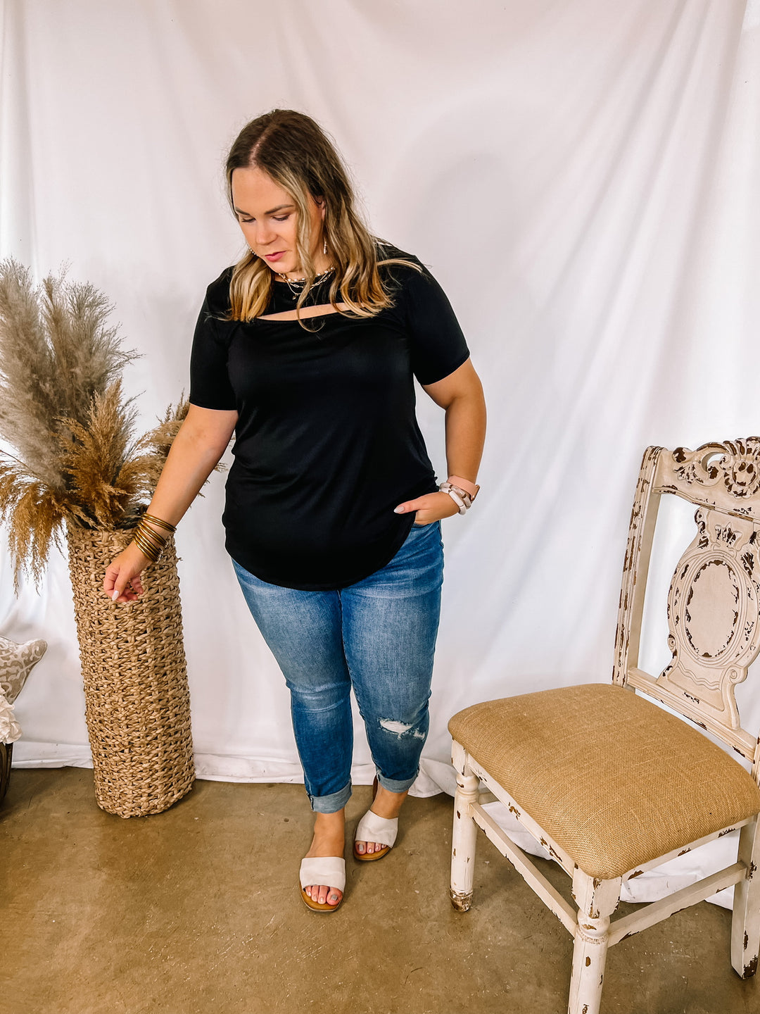 Sneak Peak Keyhole Short Sleeve Top in Black - Giddy Up Glamour Boutique