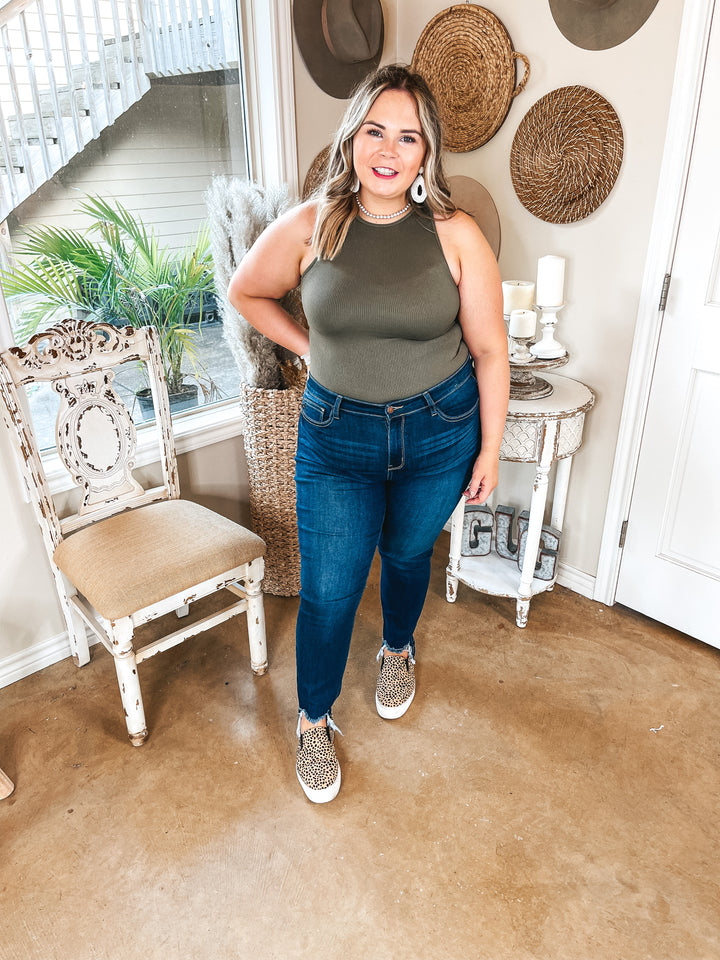 On the Lookout High Neck Ribbed Tank Top Bodysuit in Olive Green - Giddy Up Glamour Boutique