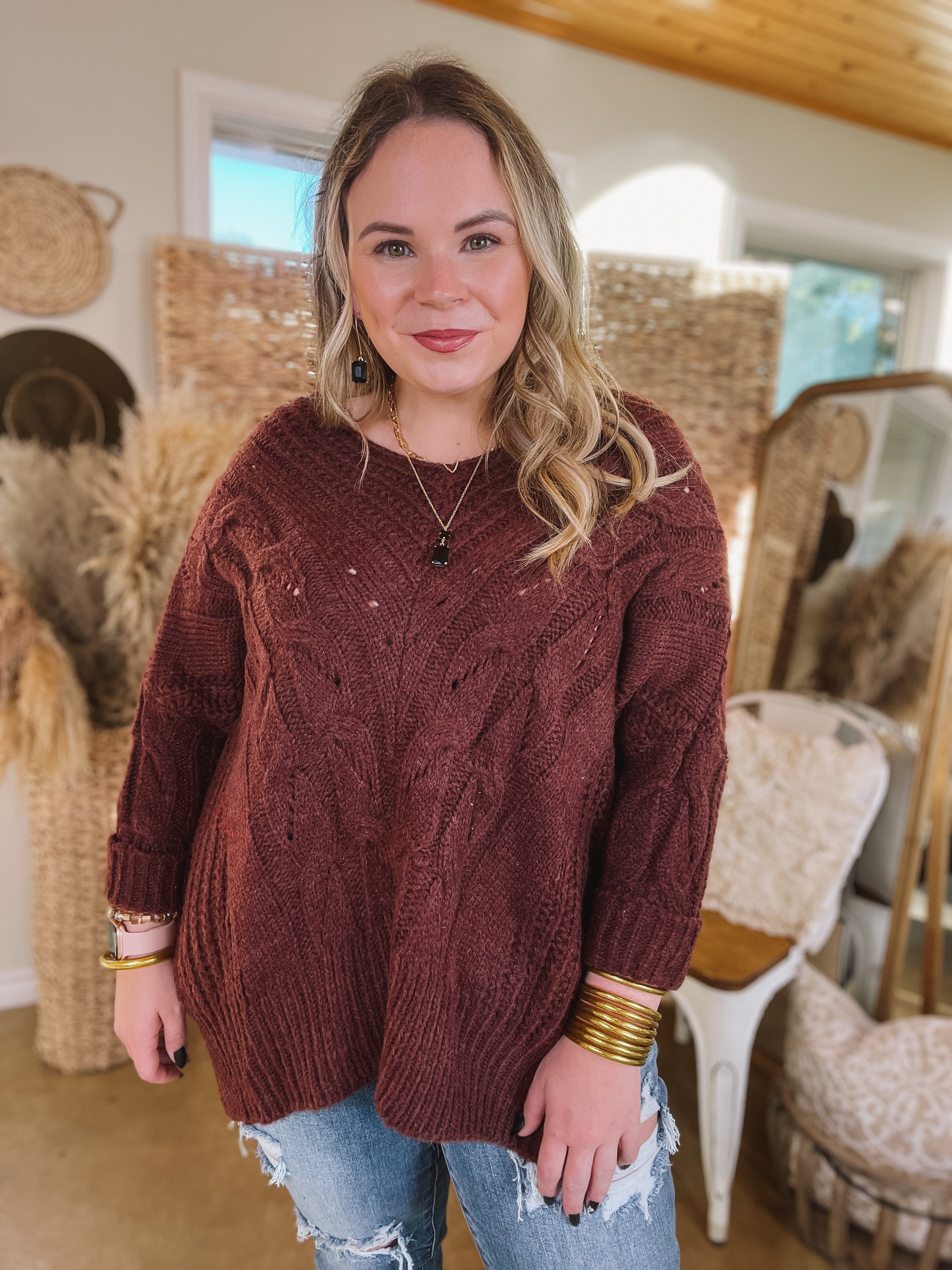 Crisp Morning Air Oversized Dolman 3/4 Sleeve Sweater in Maroon - Giddy Up Glamour Boutique