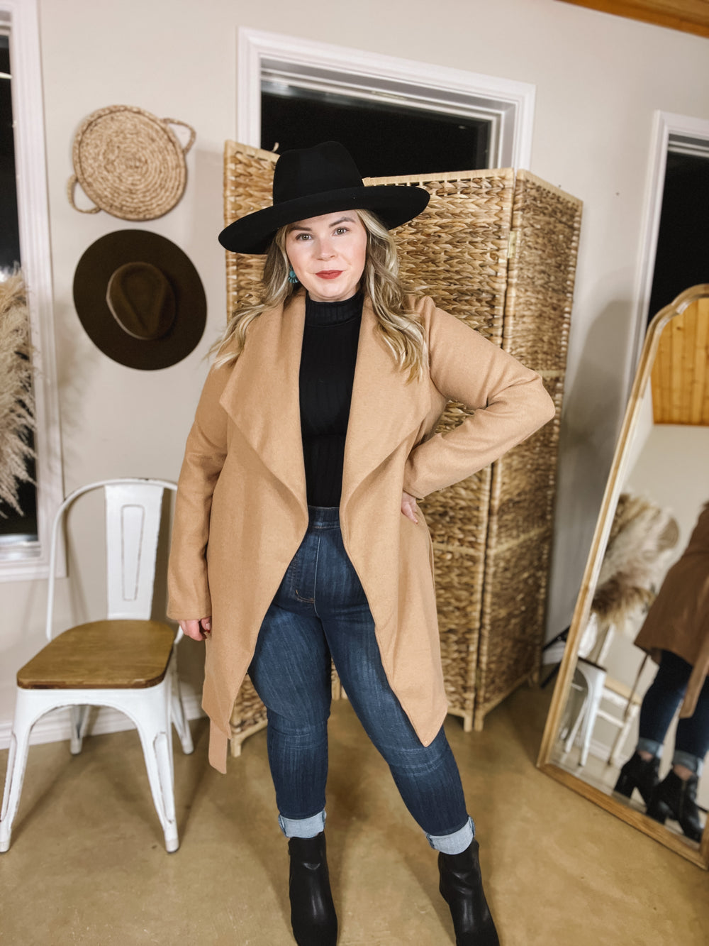 NYC Dreamer Open Front Jacket with Waist Tie in Tan - Giddy Up Glamour Boutique