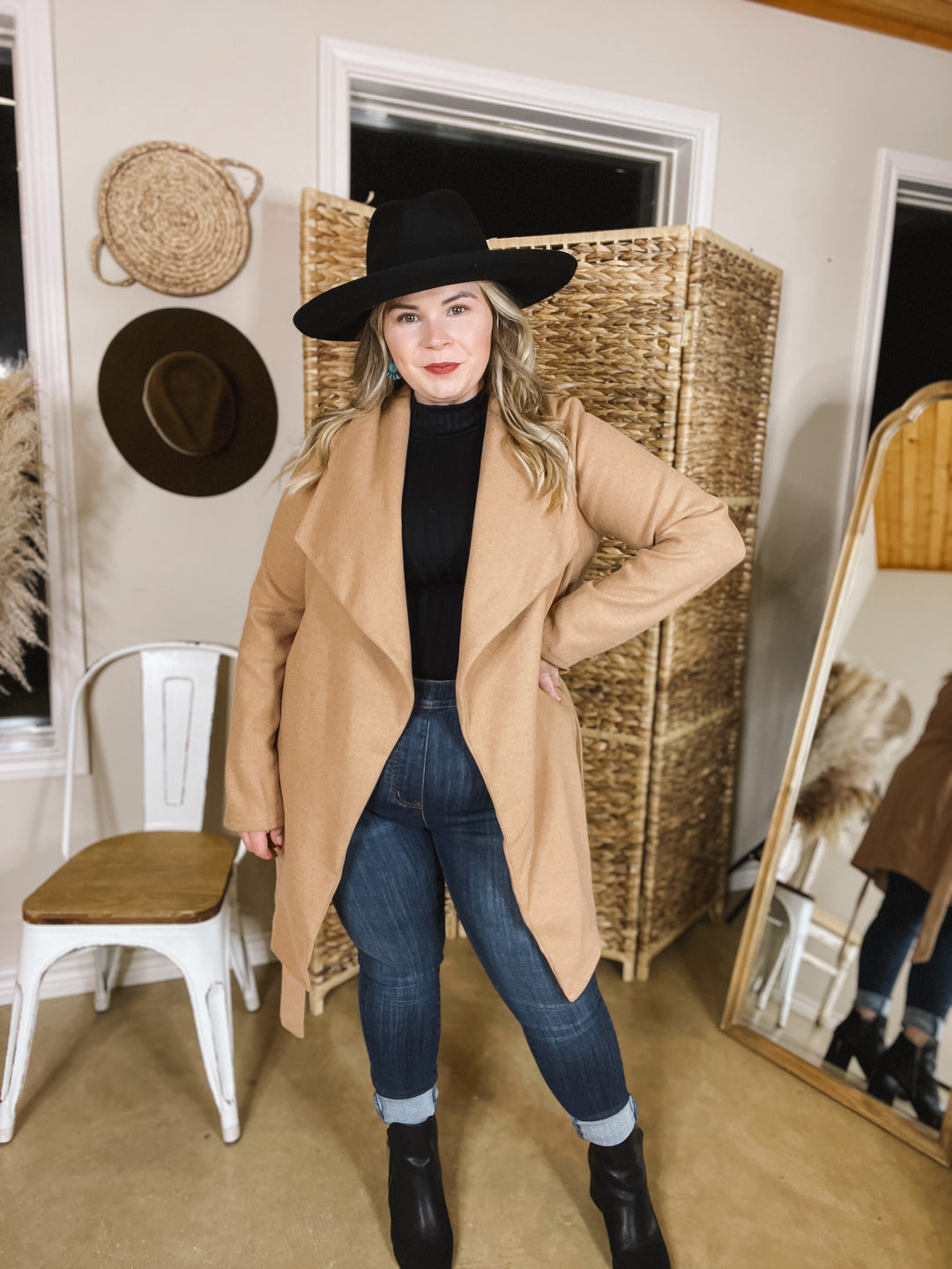 NYC Dreamer Open Front Jacket with Waist Tie in Tan - Giddy Up Glamour Boutique