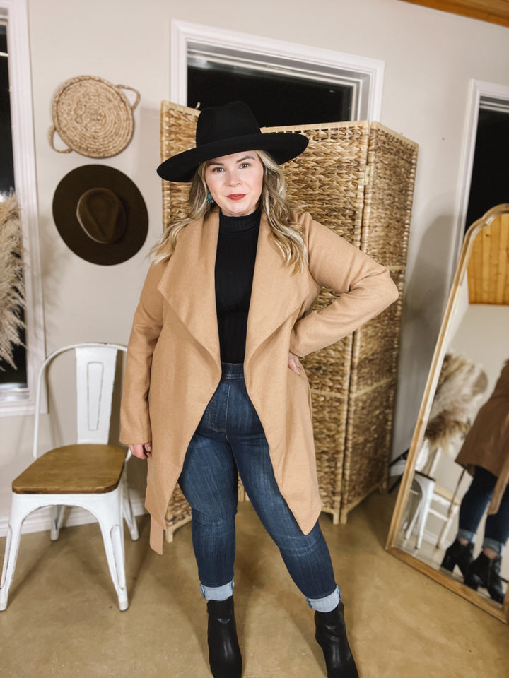 NYC Dreamer Open Front Jacket with Waist Tie in Tan - Giddy Up Glamour Boutique