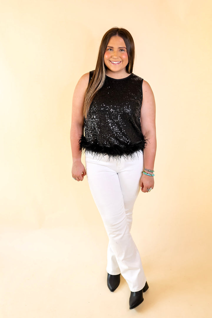 Causing Compliments Sequin Tank Top with Feather Trim in Black - Giddy Up Glamour Boutique