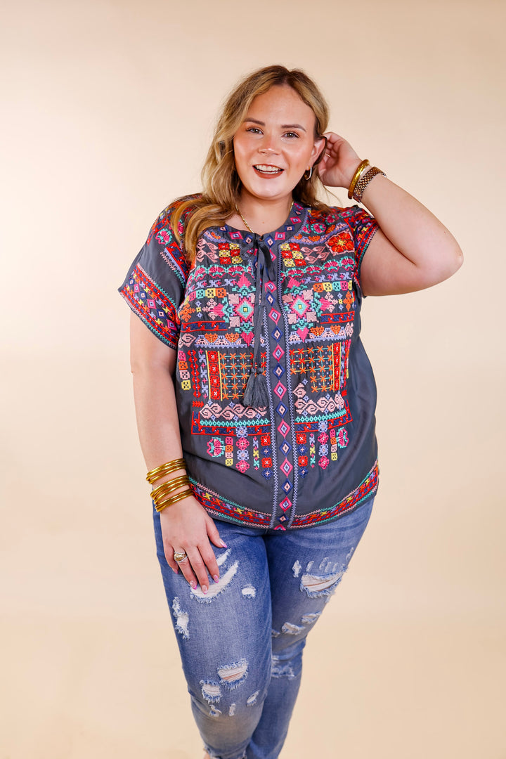 Thrill Me Colorful Embroidered Front Keyhole Top in Grey - Giddy Up Glamour Boutique