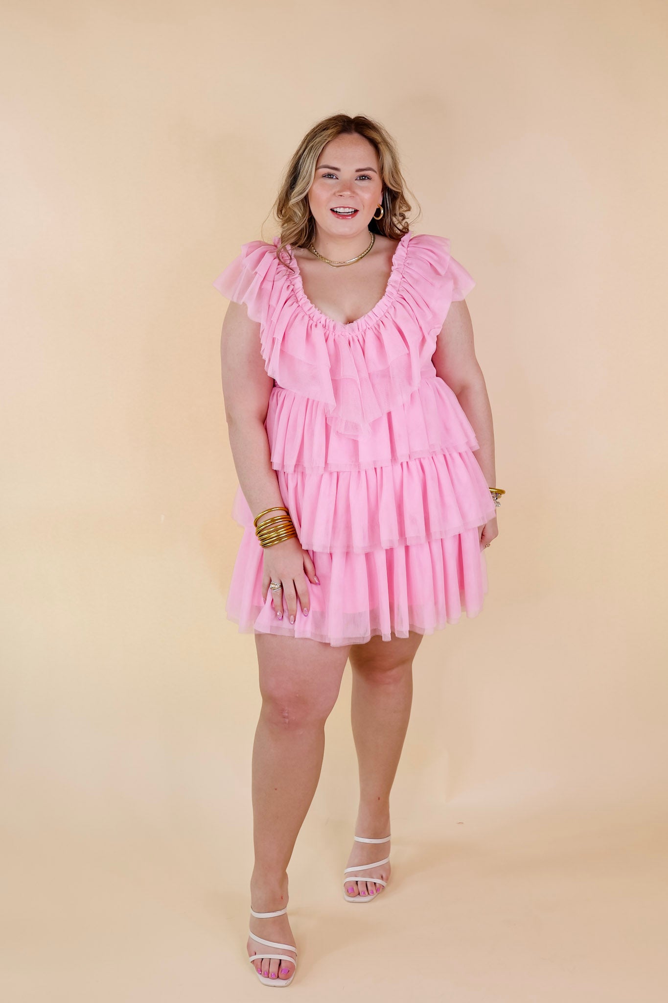 Dazzle The Room Tulle Tiered Dress in Light Pink - Giddy Up Glamour Boutique