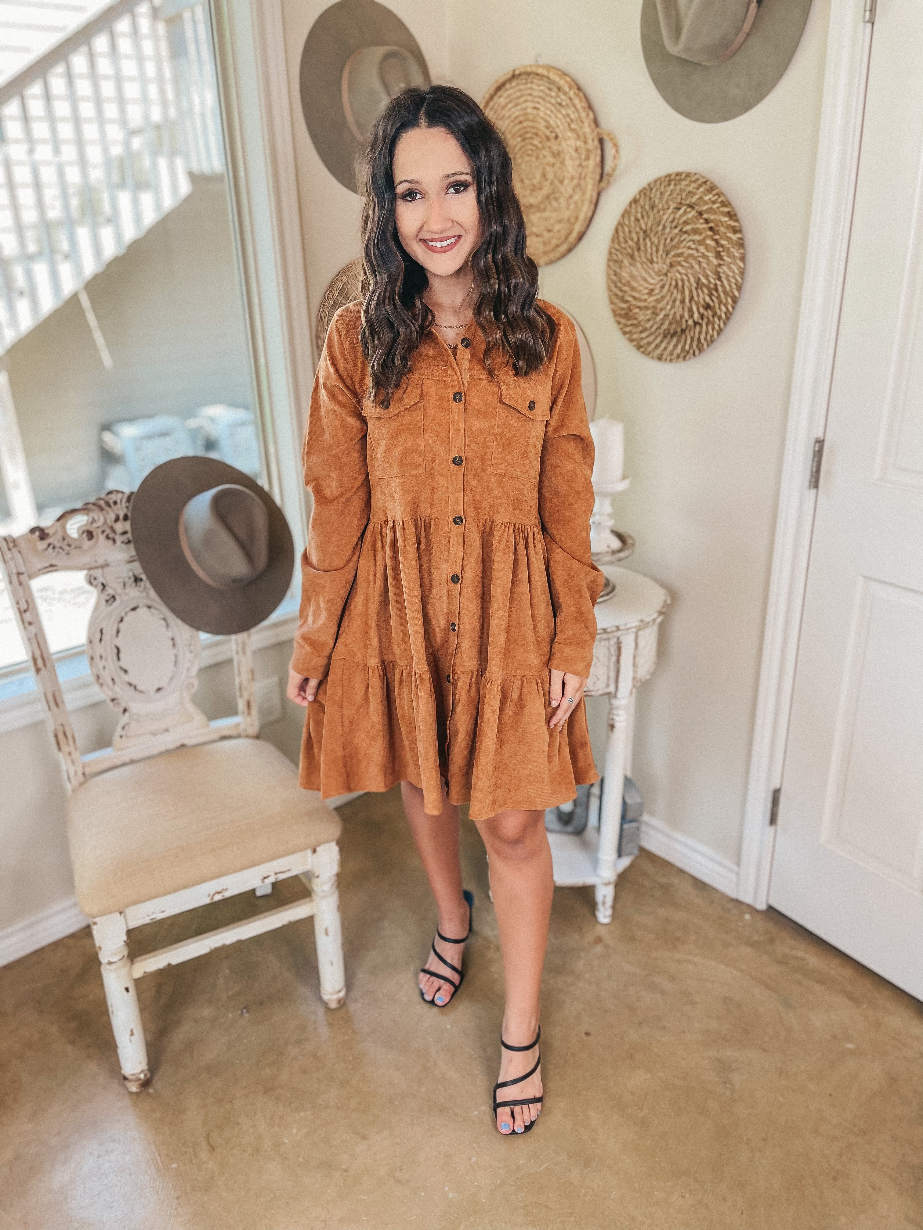 This Coming Season Button Up Long Sleeve Corduroy Dress in Camel Brown - Giddy Up Glamour Boutique