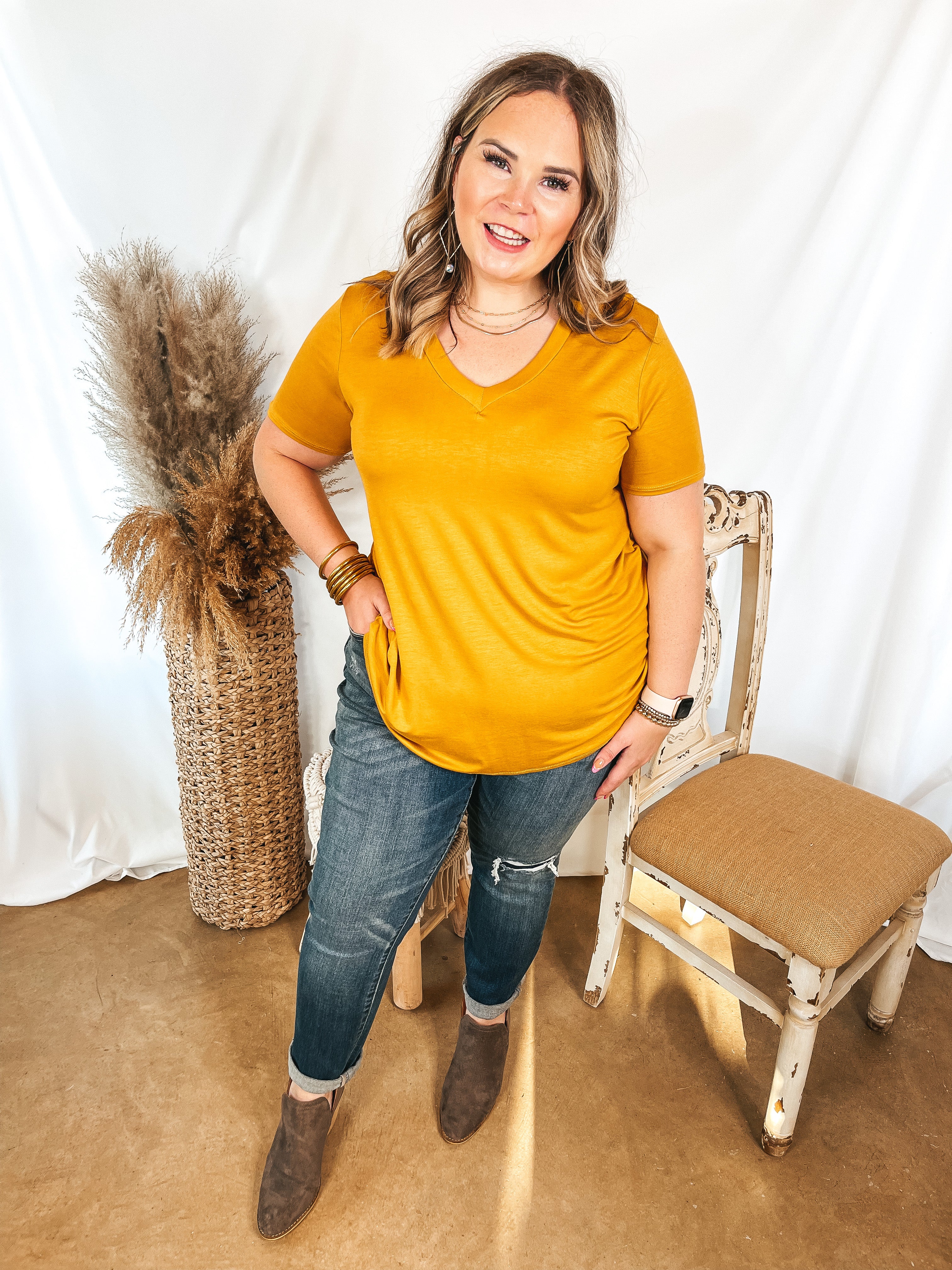 It's That Simple Solid V Neck Tee in Mustard Yellow - Giddy Up Glamour Boutique