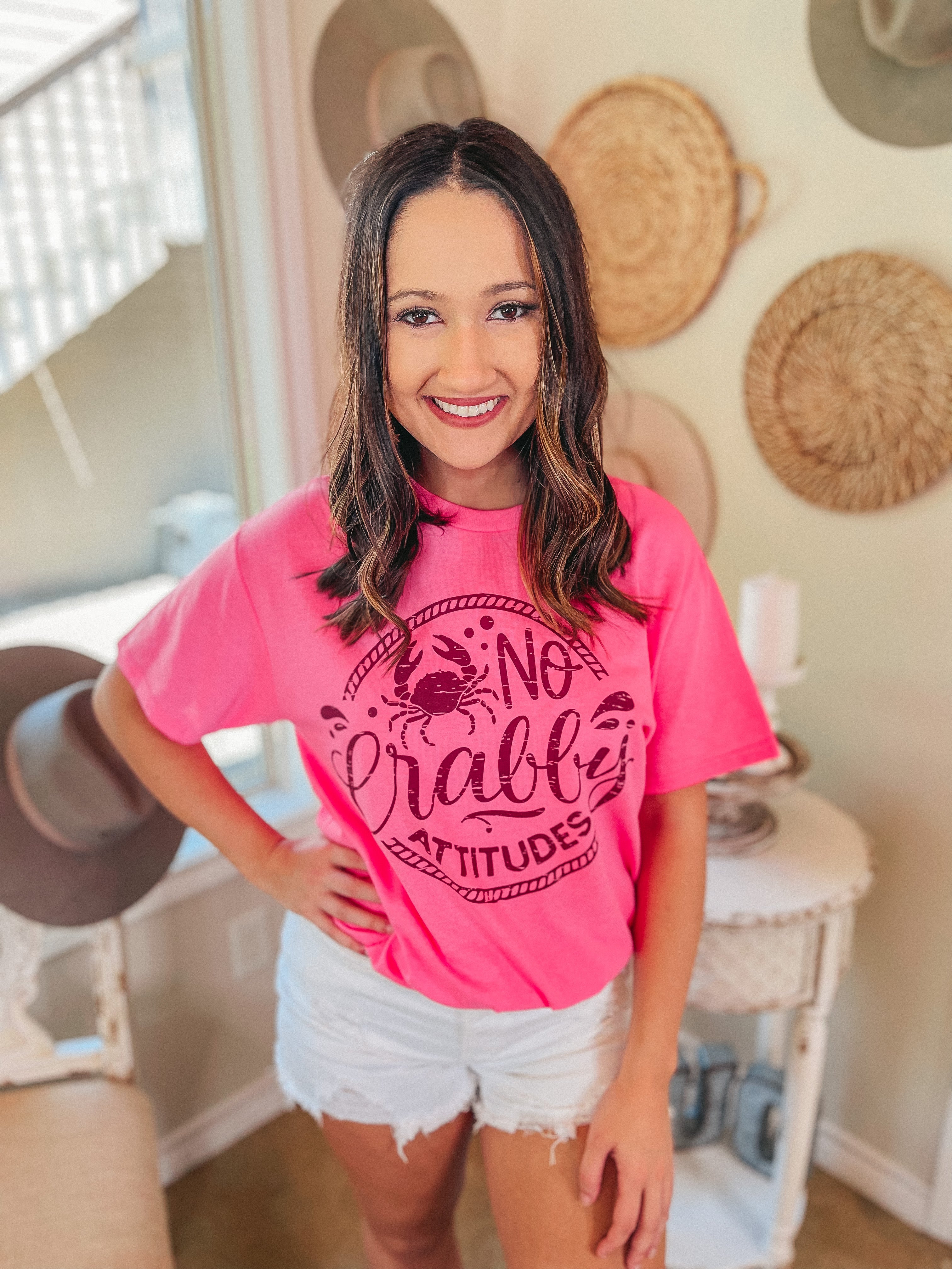 No Crabby Attitudes Short Sleeve Graphic Tee in Neon Pink - Giddy Up Glamour Boutique