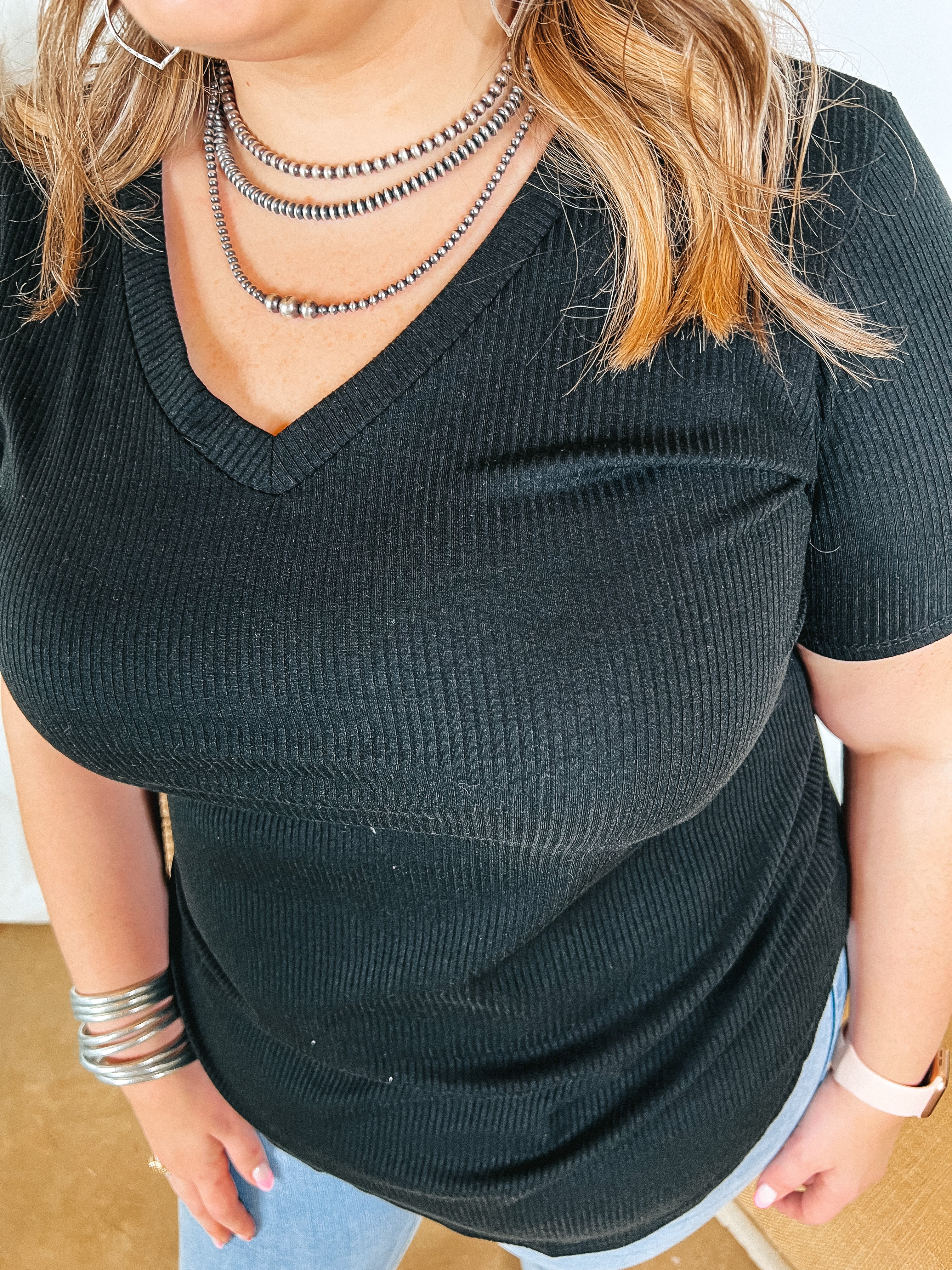 Simply Obsessed Ribbed Short Sleeve V Neck Top in Black - Giddy Up Glamour Boutique