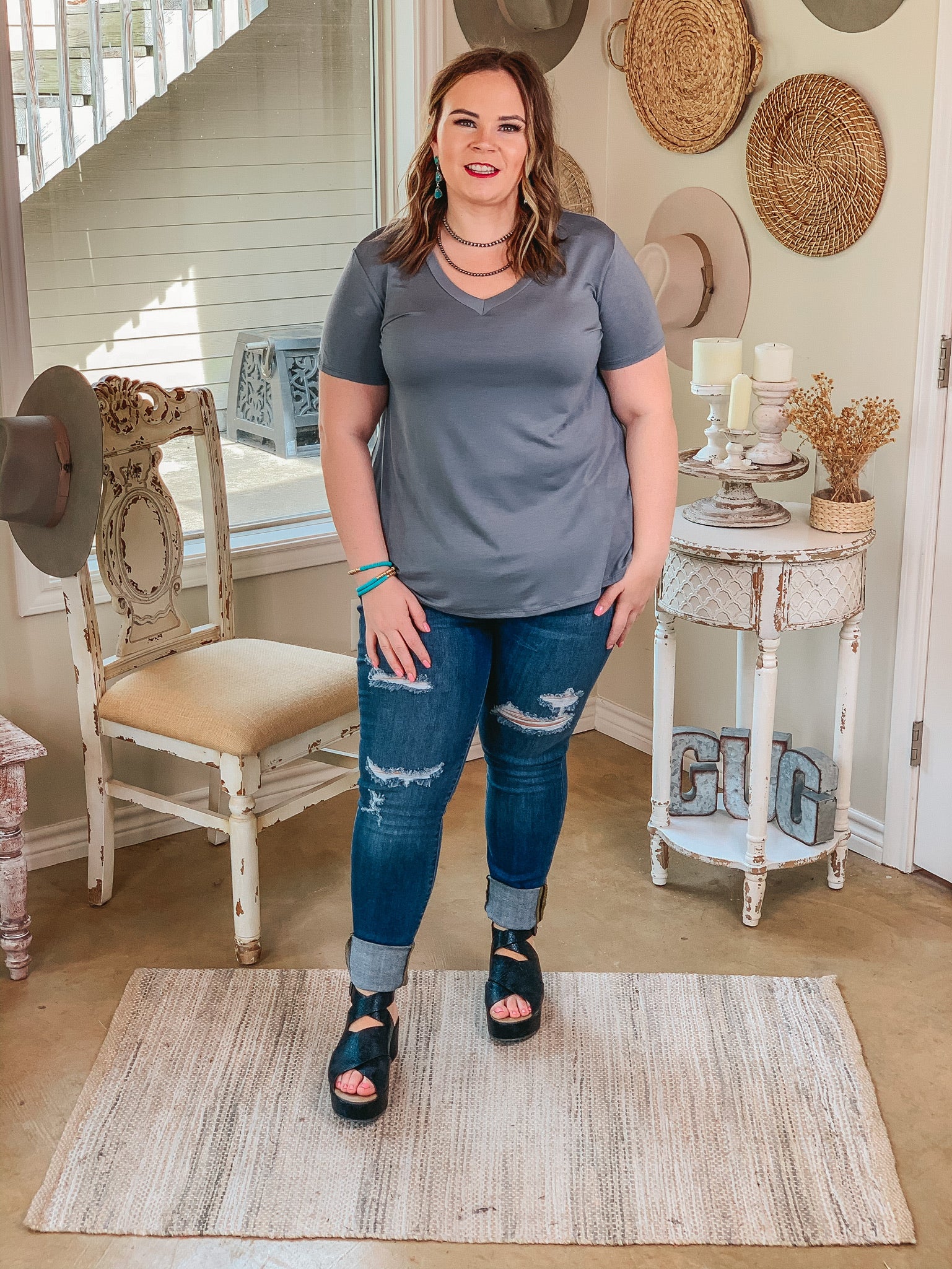 It's That Simple Solid V Neck Tee in Slate Grey - Giddy Up Glamour Boutique