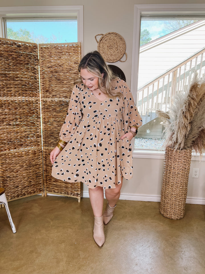 Hightlight This Black and Ivory Dotted Dress in Taupe - Giddy Up Glamour Boutique