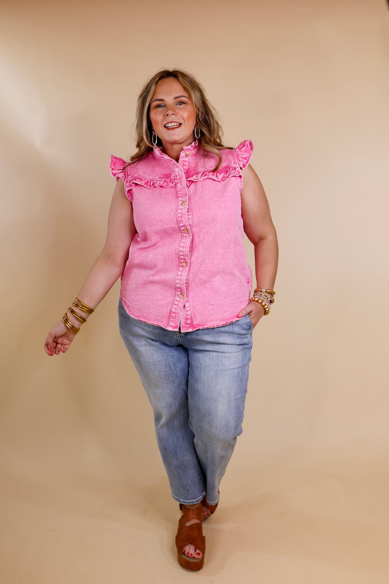Denim Darling Button Up Ruffle Cap Sleeve Top in Hot Pink - Giddy Up Glamour Boutique