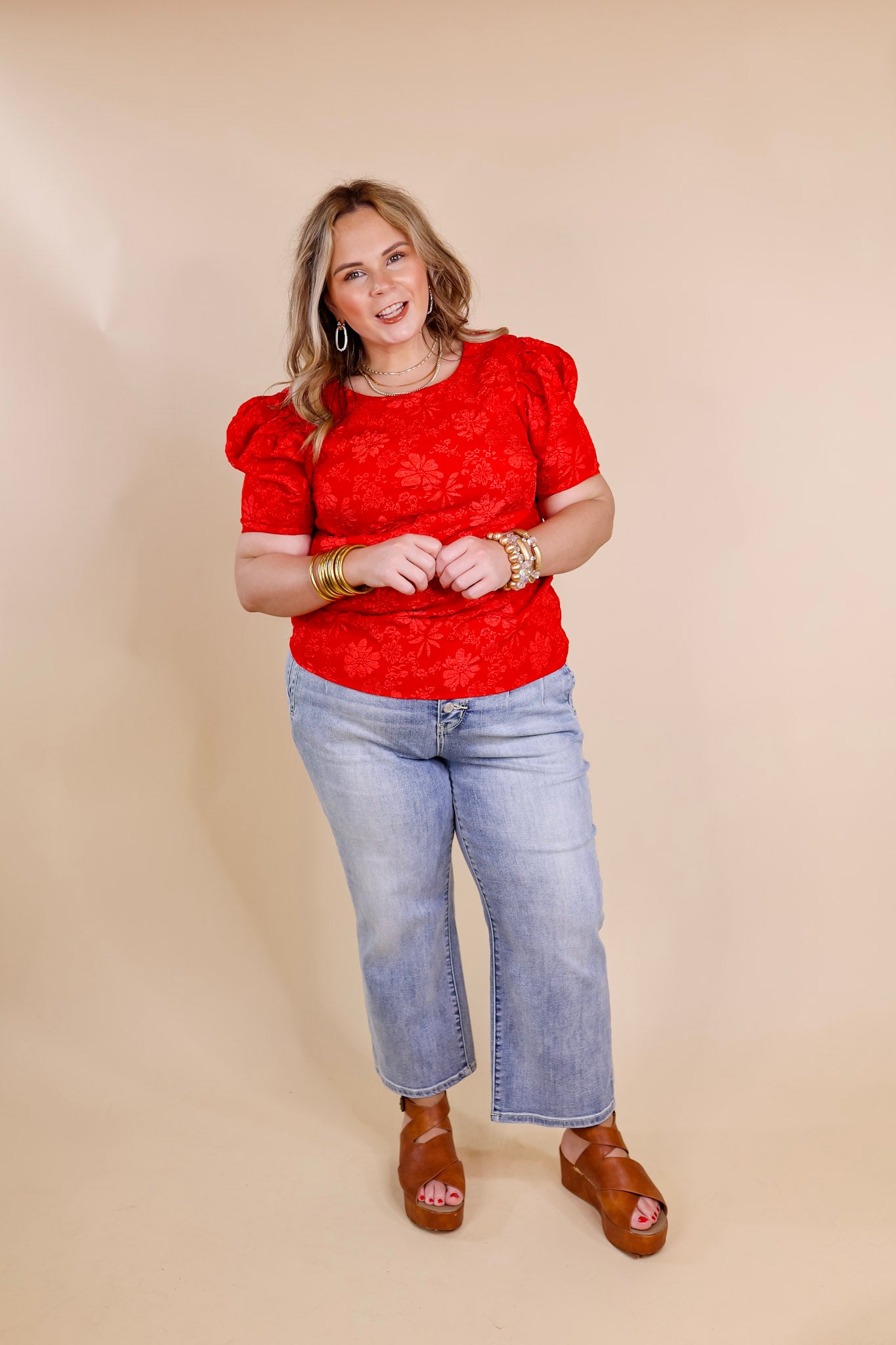 Fab Feeling Puff Shoulder Floral Embossed Top in Red - Giddy Up Glamour Boutique