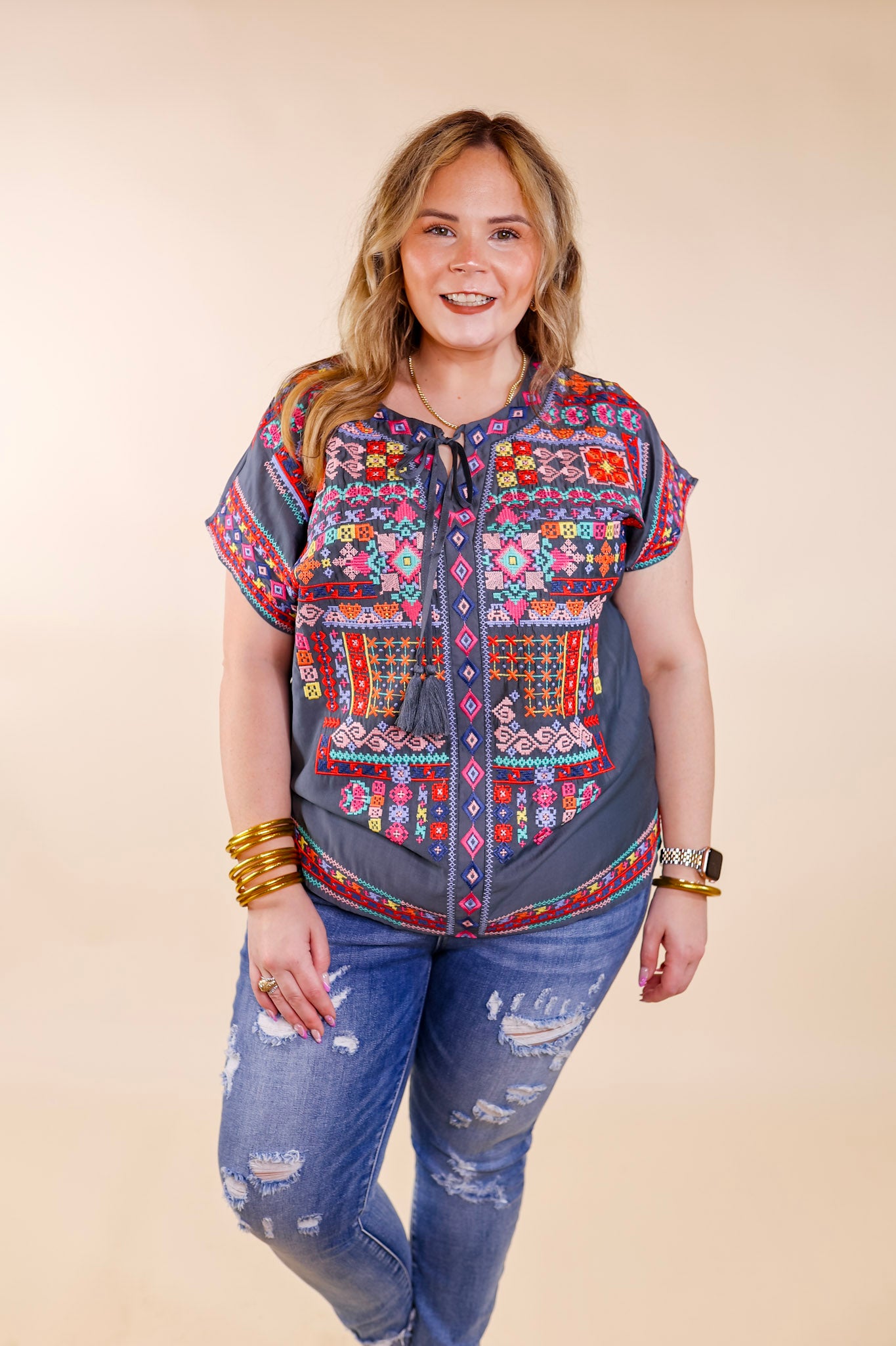Thrill Me Colorful Embroidered Front Keyhole Top in Grey - Giddy Up Glamour Boutique