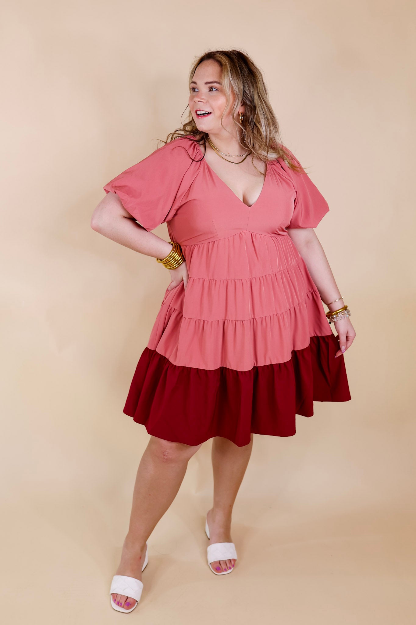 Trendy City Puff Sleeve Tiered Dress with Pink Hemline in Rose Pink - Giddy Up Glamour Boutique