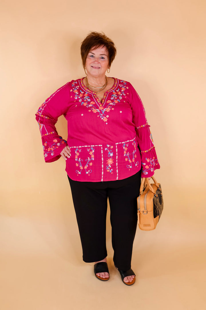 Pretty Stroll Floral Embroidered Top with Long Bell Sleeves in Magenta Pink - Giddy Up Glamour Boutique