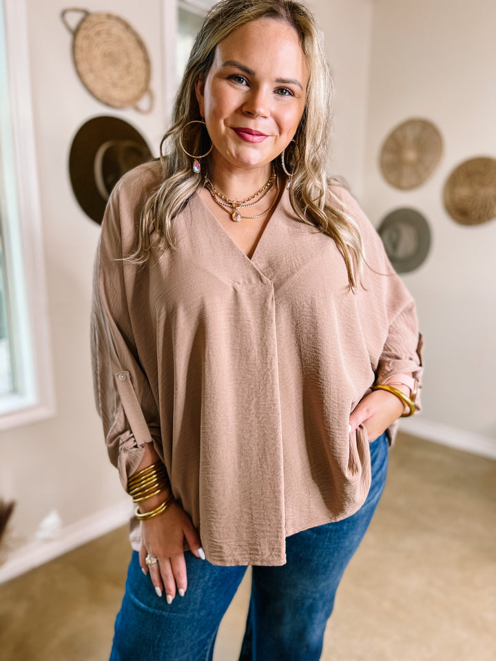 Weekend Out V Neck Placket 3/4 Sleeve Top in Taupe - Giddy Up Glamour Boutique