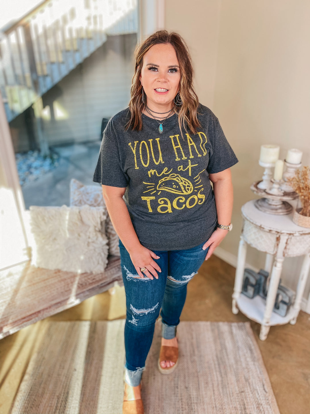 You Had Me at Tacos Short Sleeve Graphic Tee in Charcoal Grey - Giddy Up Glamour Boutique