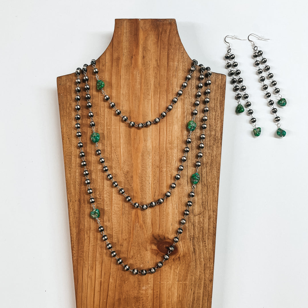 Navajo | Navajo Handmade Sterling Silver 6mm Navajo Pearl Necklace with Turquoise Stones + Matching Earrings | 60" - Giddy Up Glamour Boutique