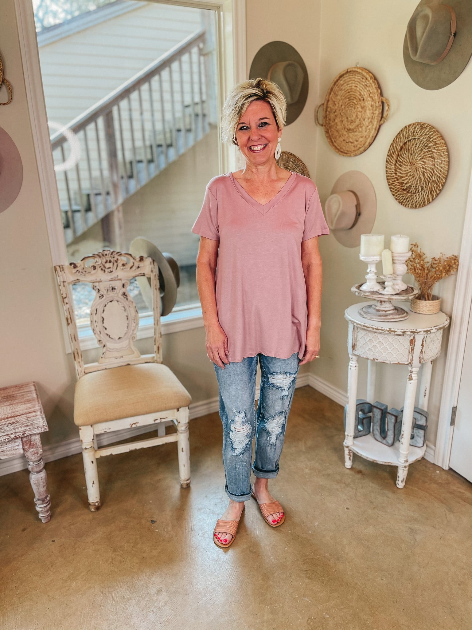 It's That Simple Solid V Neck Tee in Mauve - Giddy Up Glamour Boutique