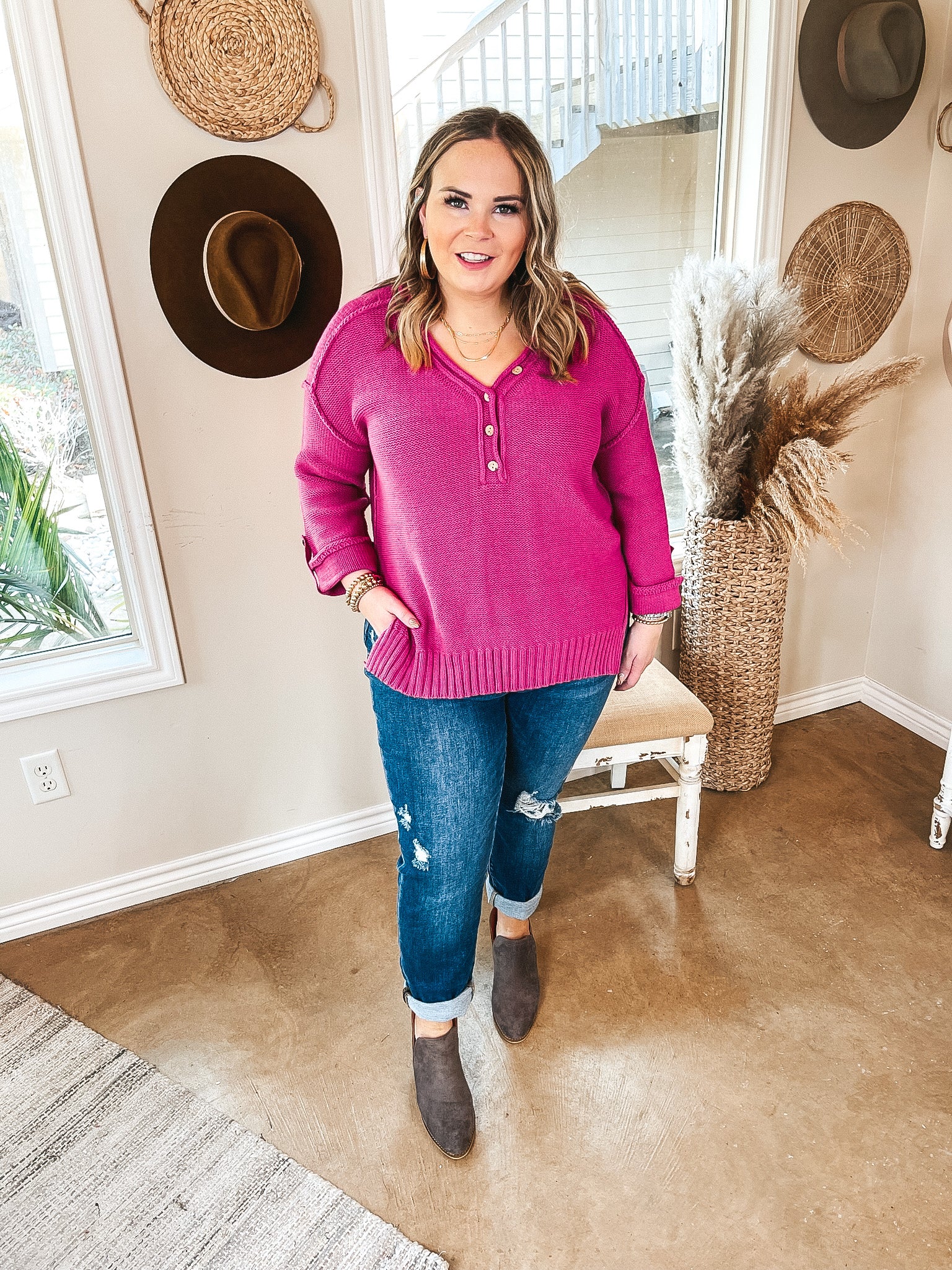 Latte Kinda Day Henley V Neck Sweater with Wide Sleeves in Magenta - Giddy Up Glamour Boutique
