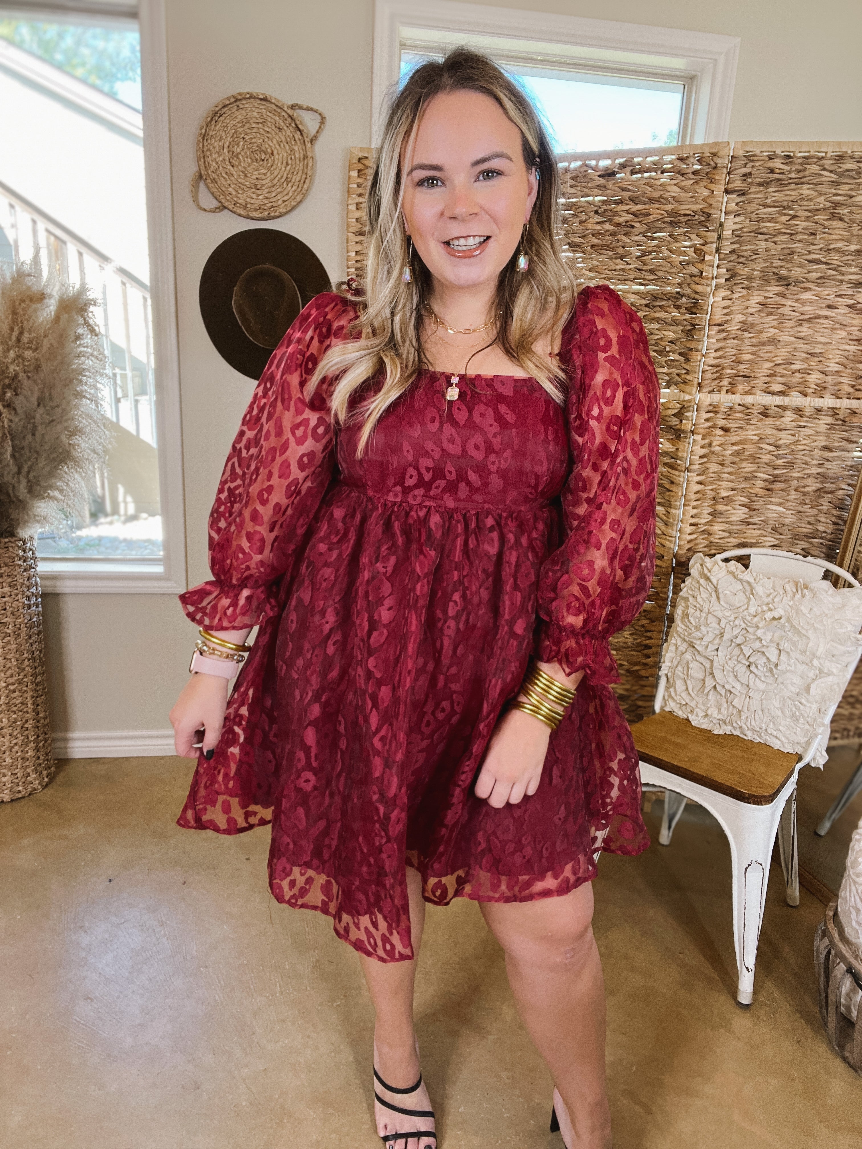 Whirl The Night Away Sheer Leopard Print Dress with 3/4 Sleeves in Maroon - Giddy Up Glamour Boutique